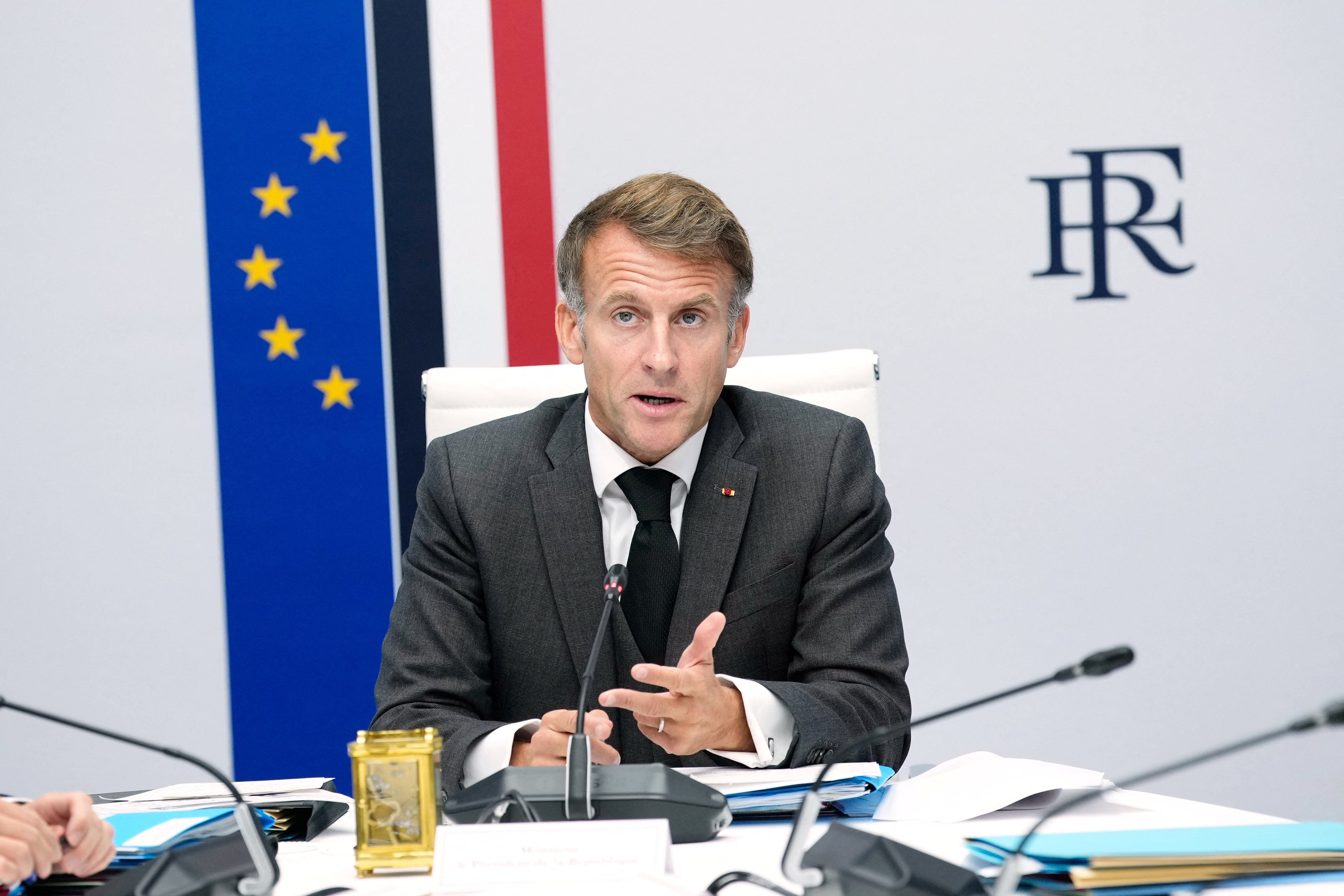 French President Emmanuel Macron attends a security council at the Elysee Palace in Paris, October 22, 2026. Teresa Suarez/Pool via REUTERS