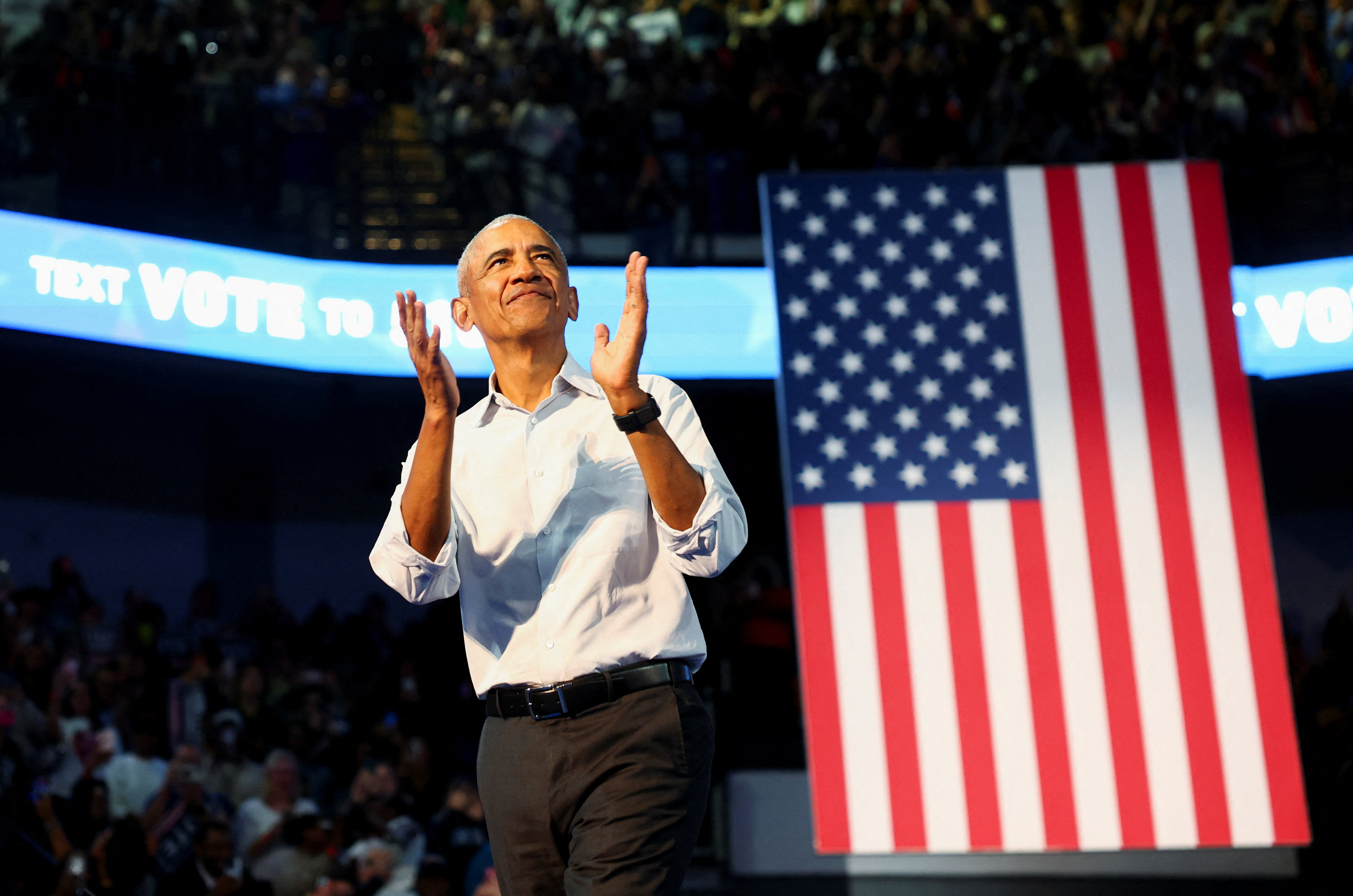 Former US President Barack Obama arrives to speak at a rally ahead of the midterm elections in Morrow, Georgia, US October 28, 2026. REUTERS/Edgar Su