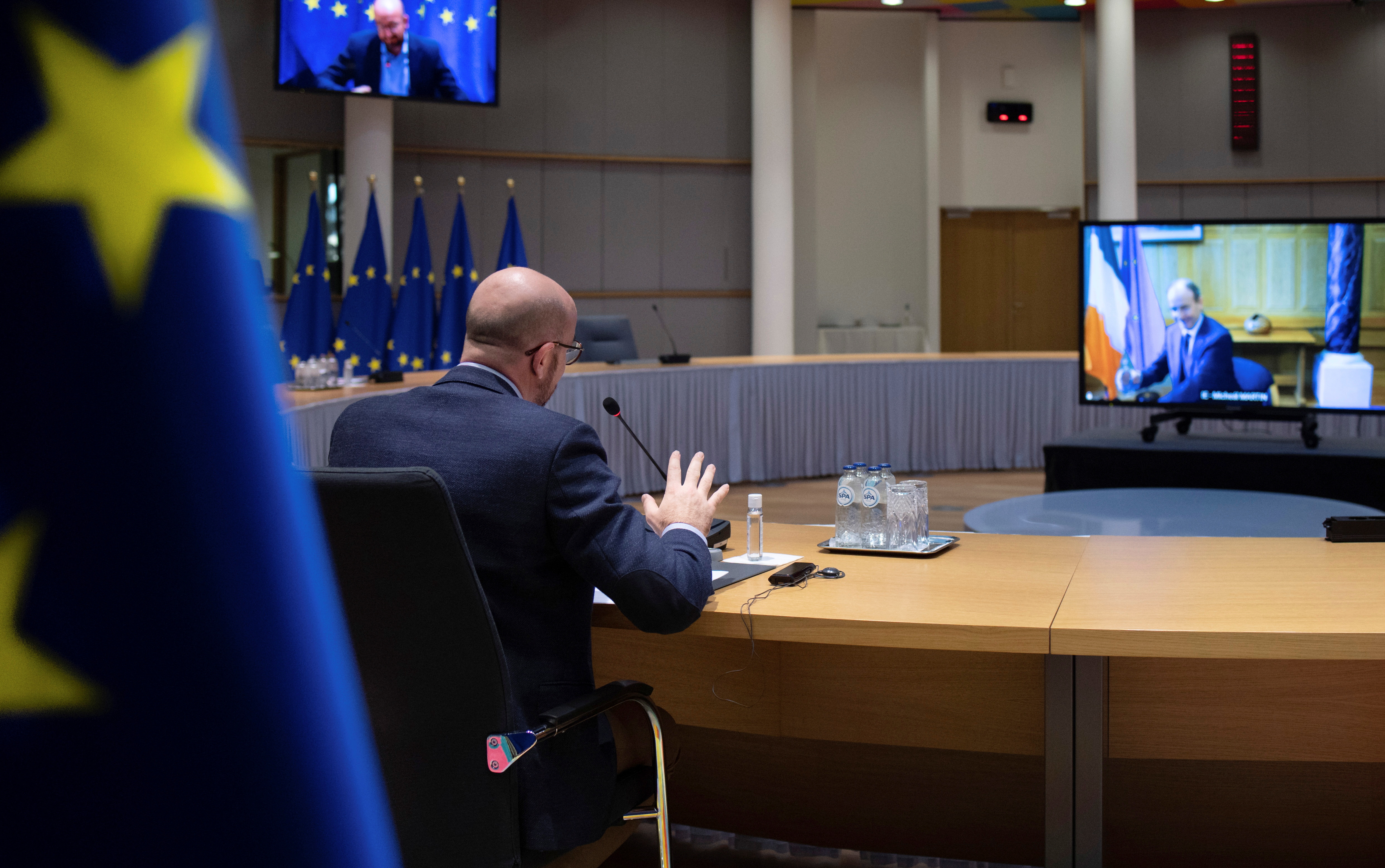 EU Council President Michel speaks during a video conference with Ireland's Prime Minister Micheal Martin, in Brussels