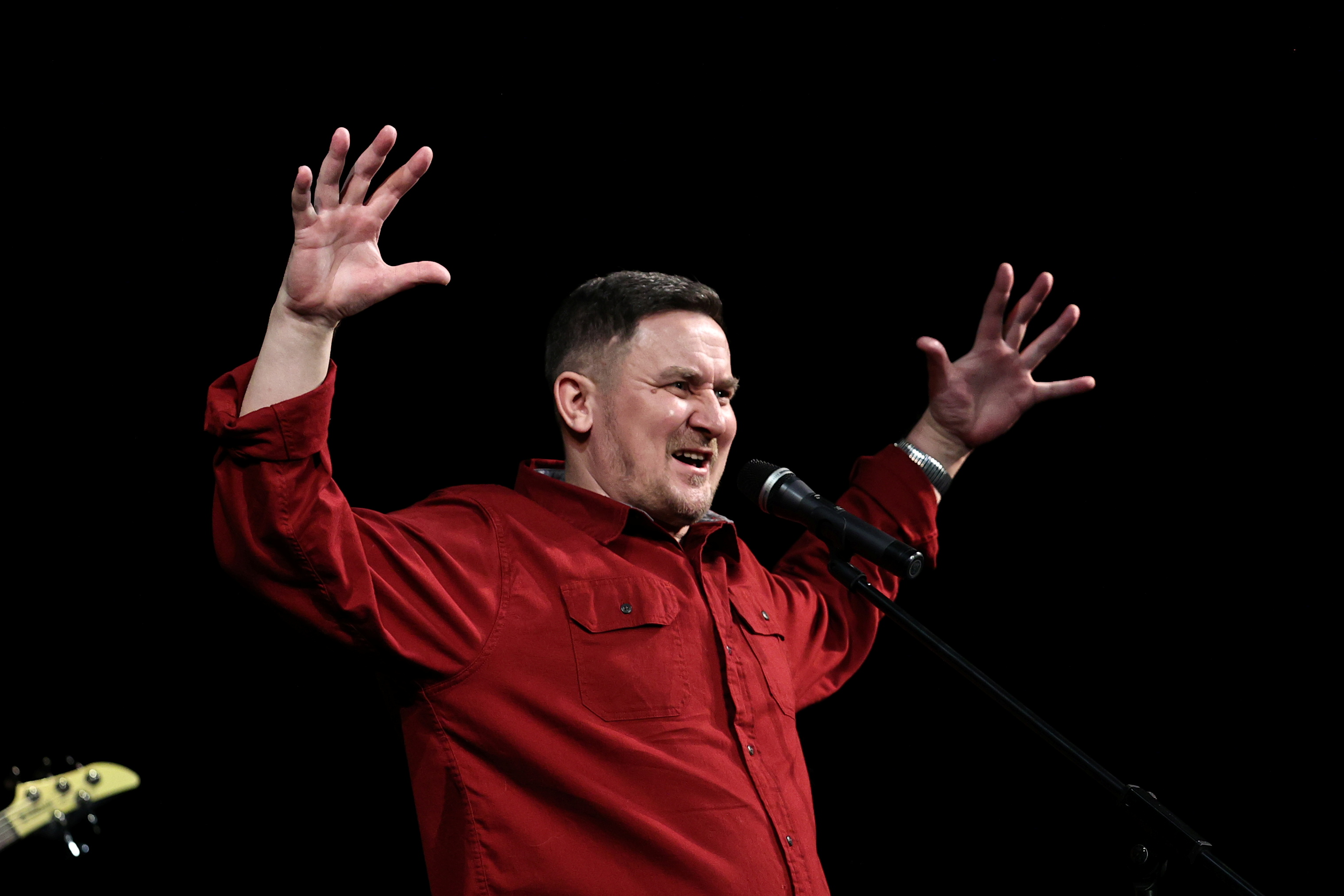 Dmitry Butakov of Galasy ZMesta band performs in Minsk