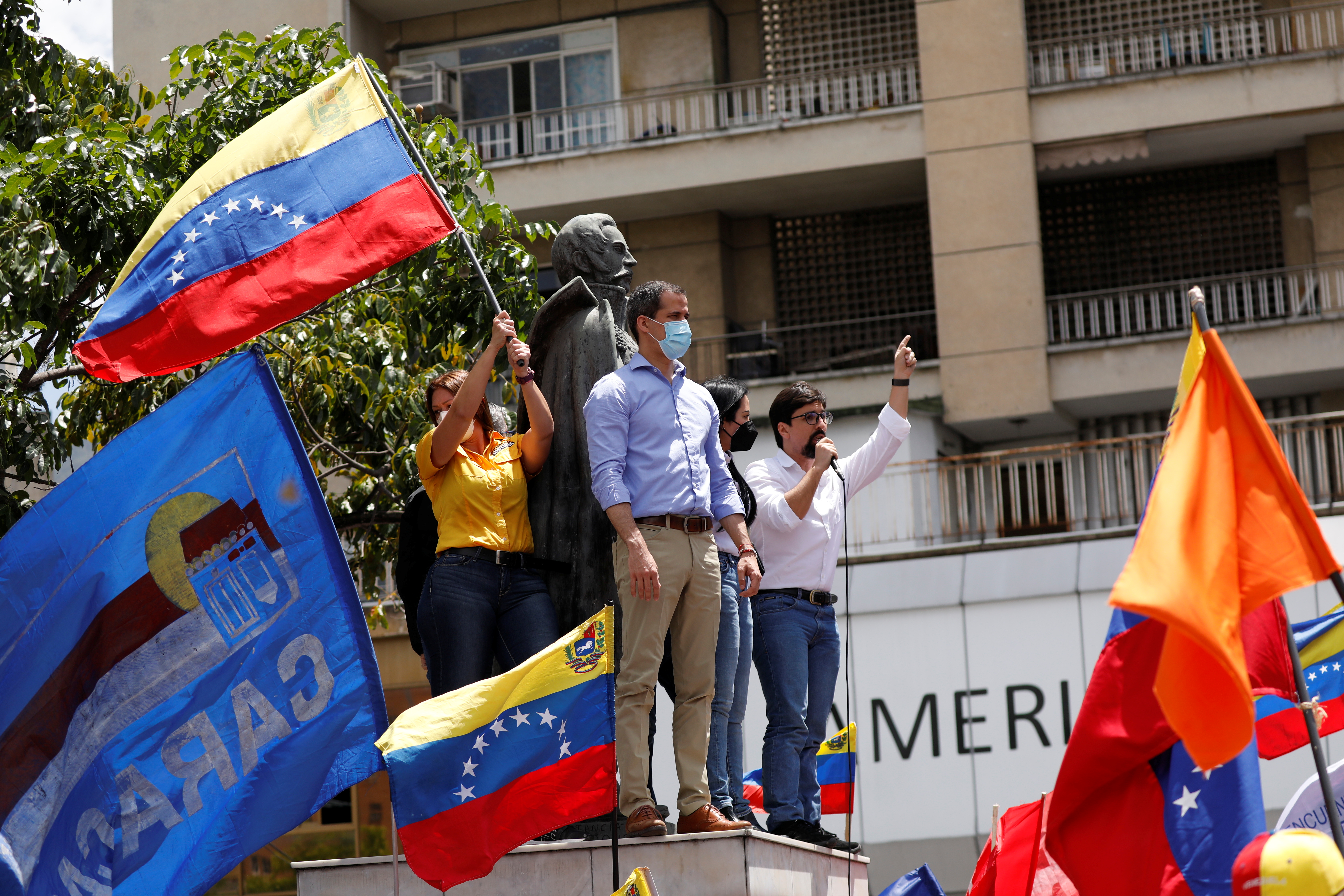 Venezuelan politician Freddy Guevara speaks at opposition leader Juan Guaido's rally during celebrations of the 210th anniversary of the independence of Venezuela, in Caracas