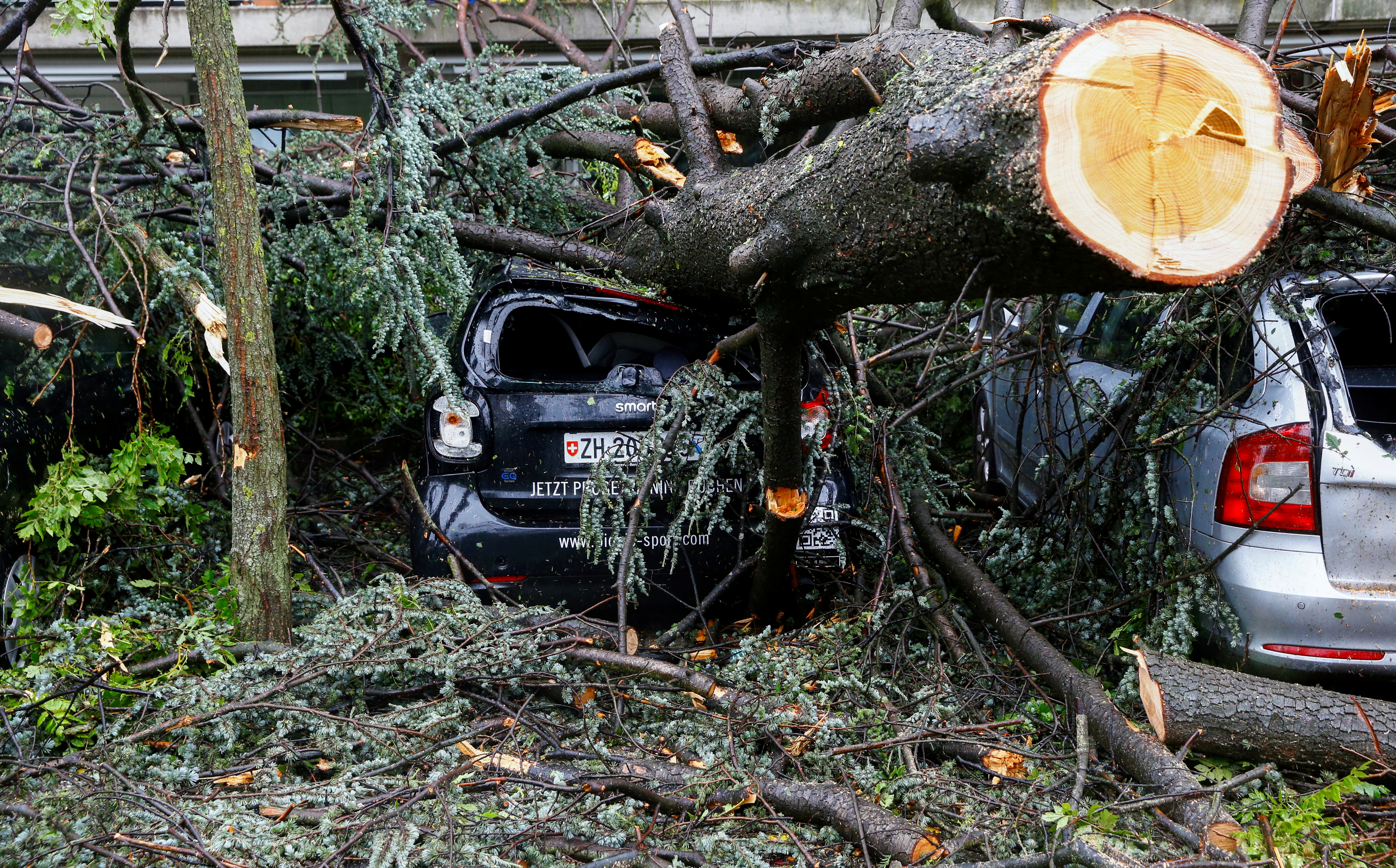 A view of a parked car damaged by a fallen tree following thunderstorms and torrential rain in front of a residential building in Zurich