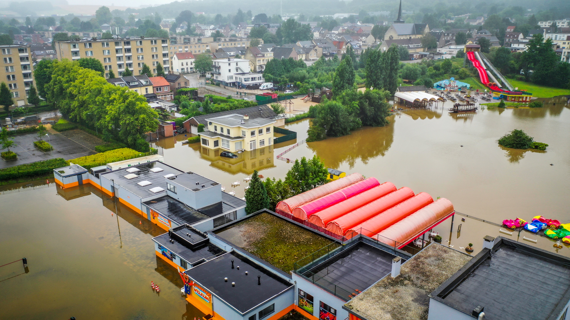 Aerial view shows the flooded streets of Valkenburg