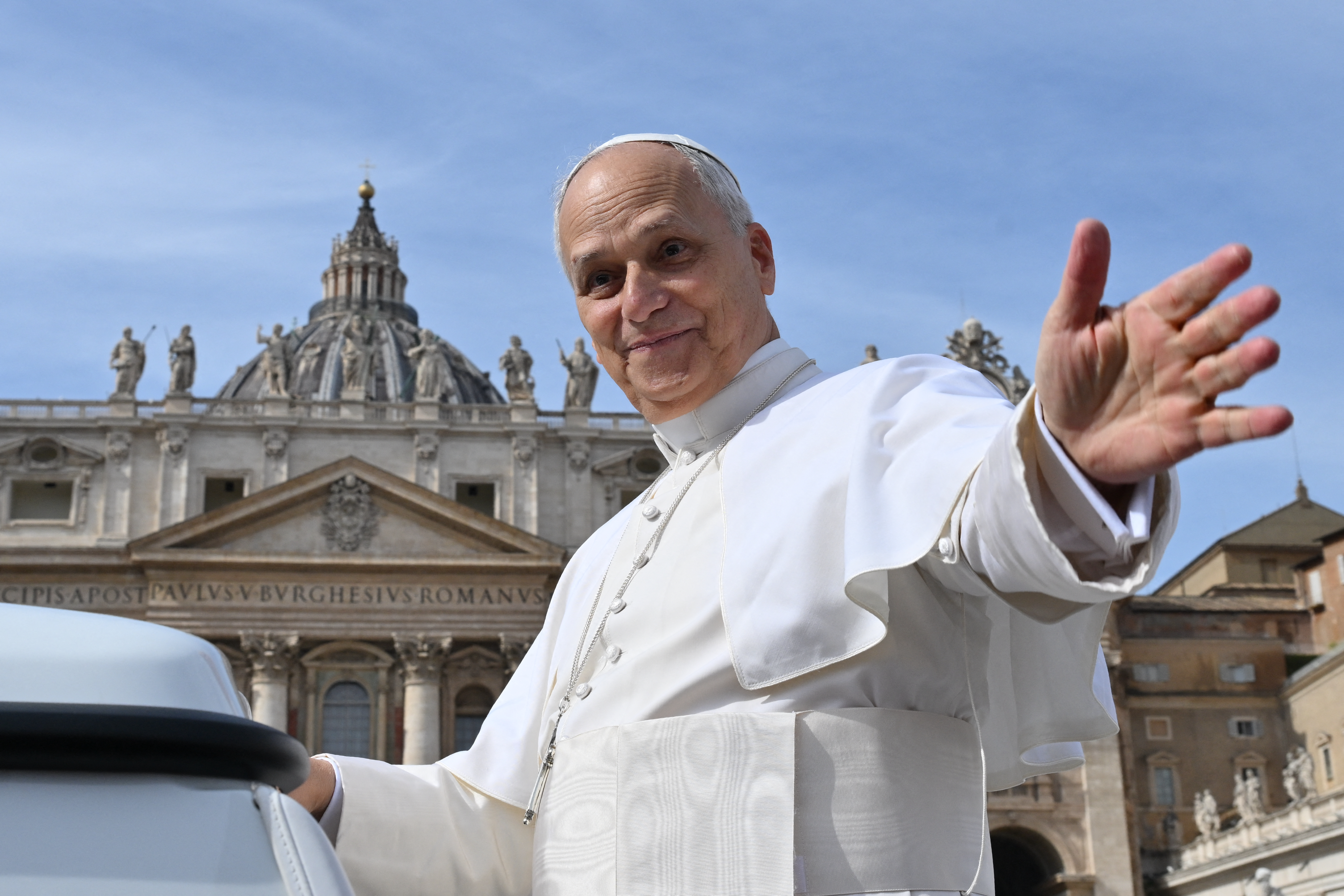 Pope Leo XIV greets the faithful from his popemobile at the end of the Jubilee mass of Marian Spirituality at St. Peter's square in the Vatican on October 12, 2025.