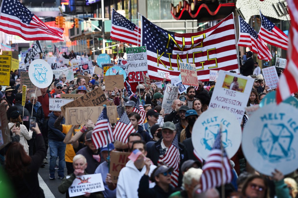 NEW YORK CITY - OCTOBER 18: Thousands of people participate in a "No Kings" protest