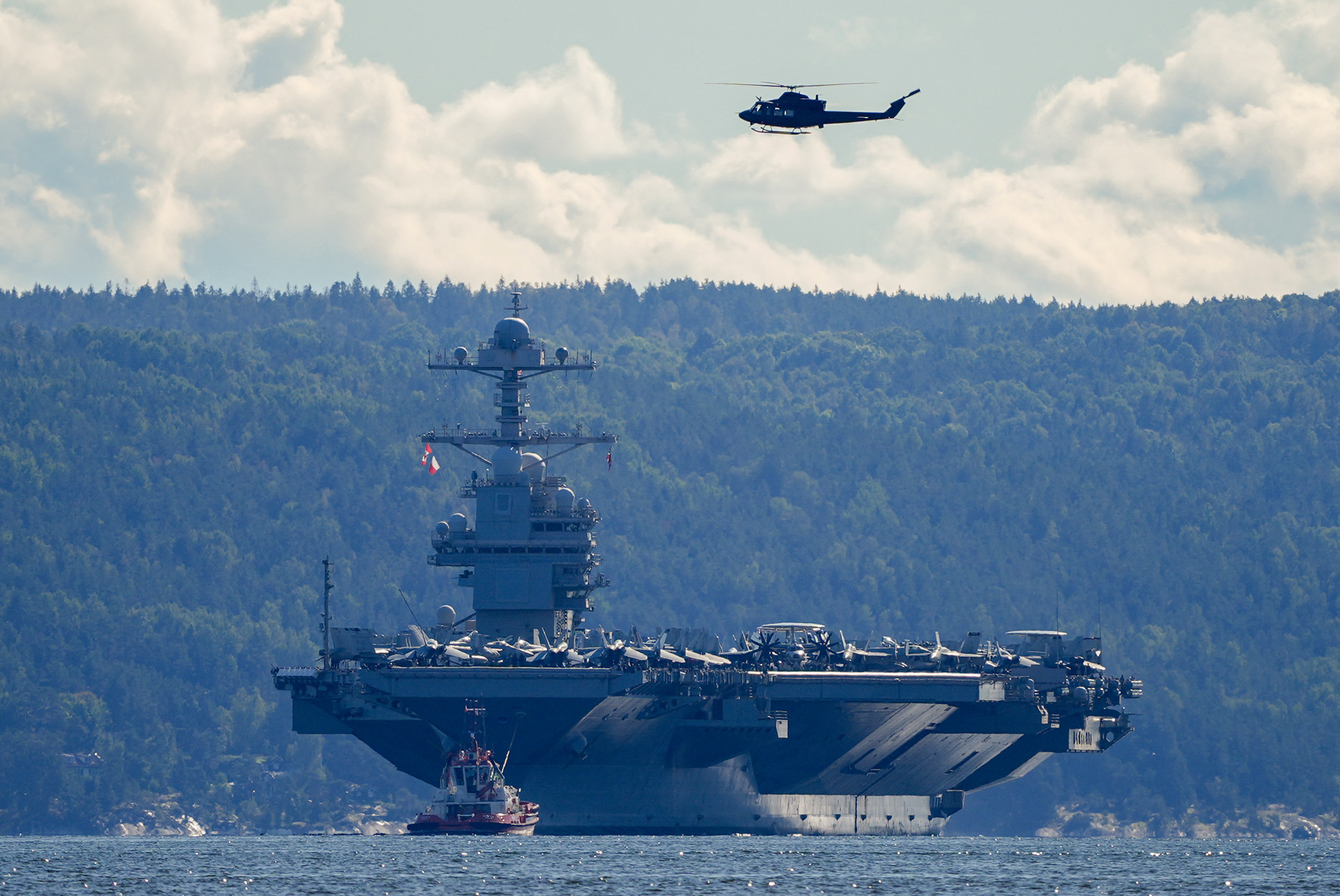 The US aircraft carrier USS Gerald R Ford is on its way into the Oslofjord, Oslo, Norway, on September 17, 2025. The ship is the world's largest warship and will be located in the inner Oslofjord.
