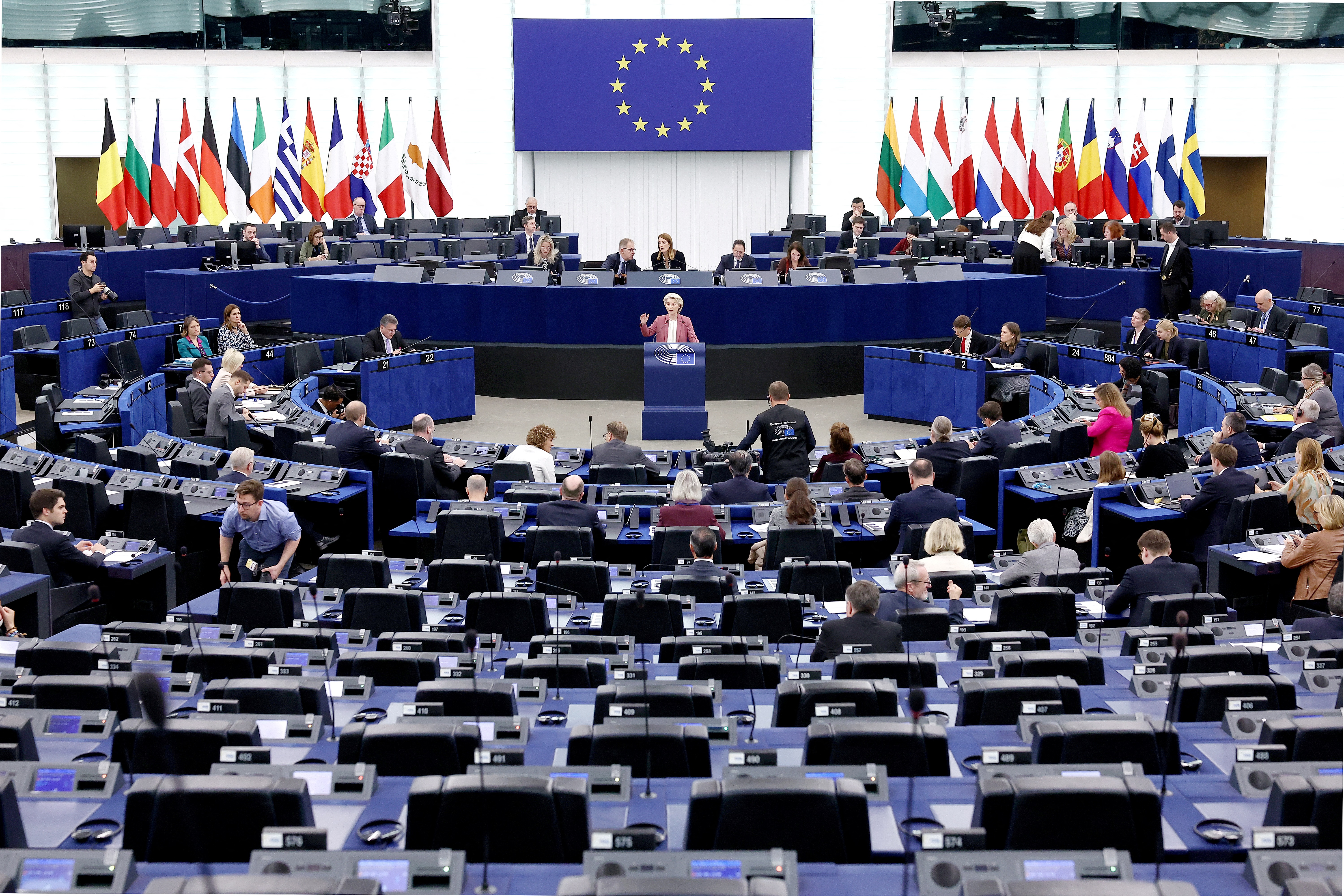 European European Commission President Ursula von der Leyen speaks during a debate on the preparation of the European Council meeting, at the European Parliament in Strasbourg, eastern France, on October 22, 2025. (Photo by FREDERICK FLORIN / AFP)