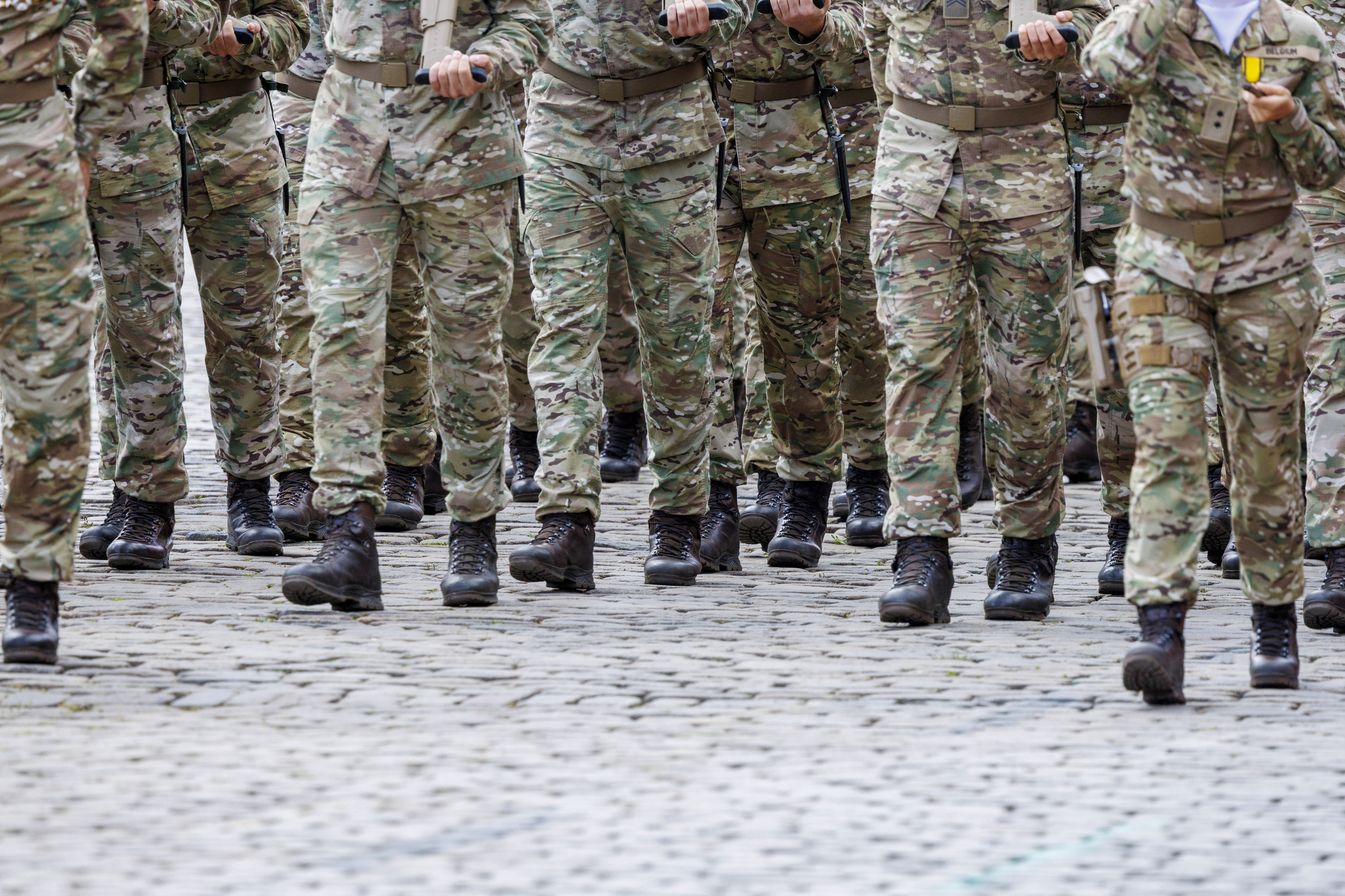 Infantry of the Belgian Army parade during the military and civilian parade on the Belgian National Day in Brussels on July 21, 2025. (Photo by NICOLAS MAETERLINCK / Belga / AFP) / Belgium OUT