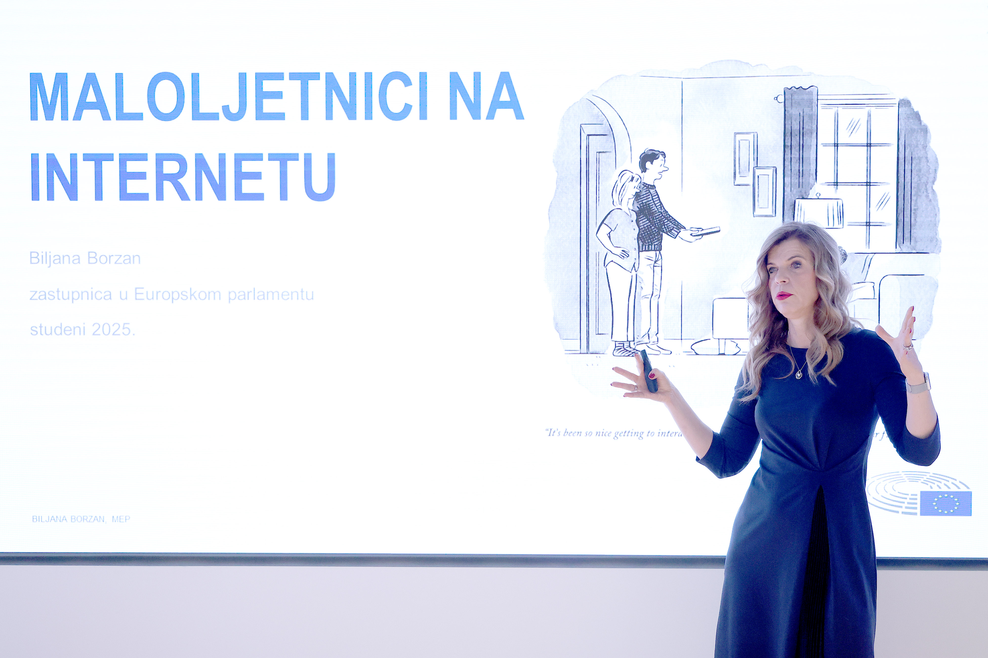 Na konferenciji za medije odrzanoj u dvorani Europskog parlamenta u Hrvatskoj o stetnom utjecaju pretjeranog koristenja drustvenih mreca na mentalno zdravlje djece i mladih govorila je zastupnica u EU parlamentu Biljana Borzan