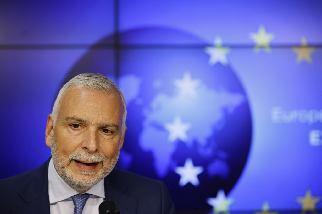 Secretary General of European External Action Service Stefano Sannino attends a news conference with US Deputy Secretary of State in Brussels, on April 22, 2022. (Photo by JOHANNA GERON / POOL / AFP)