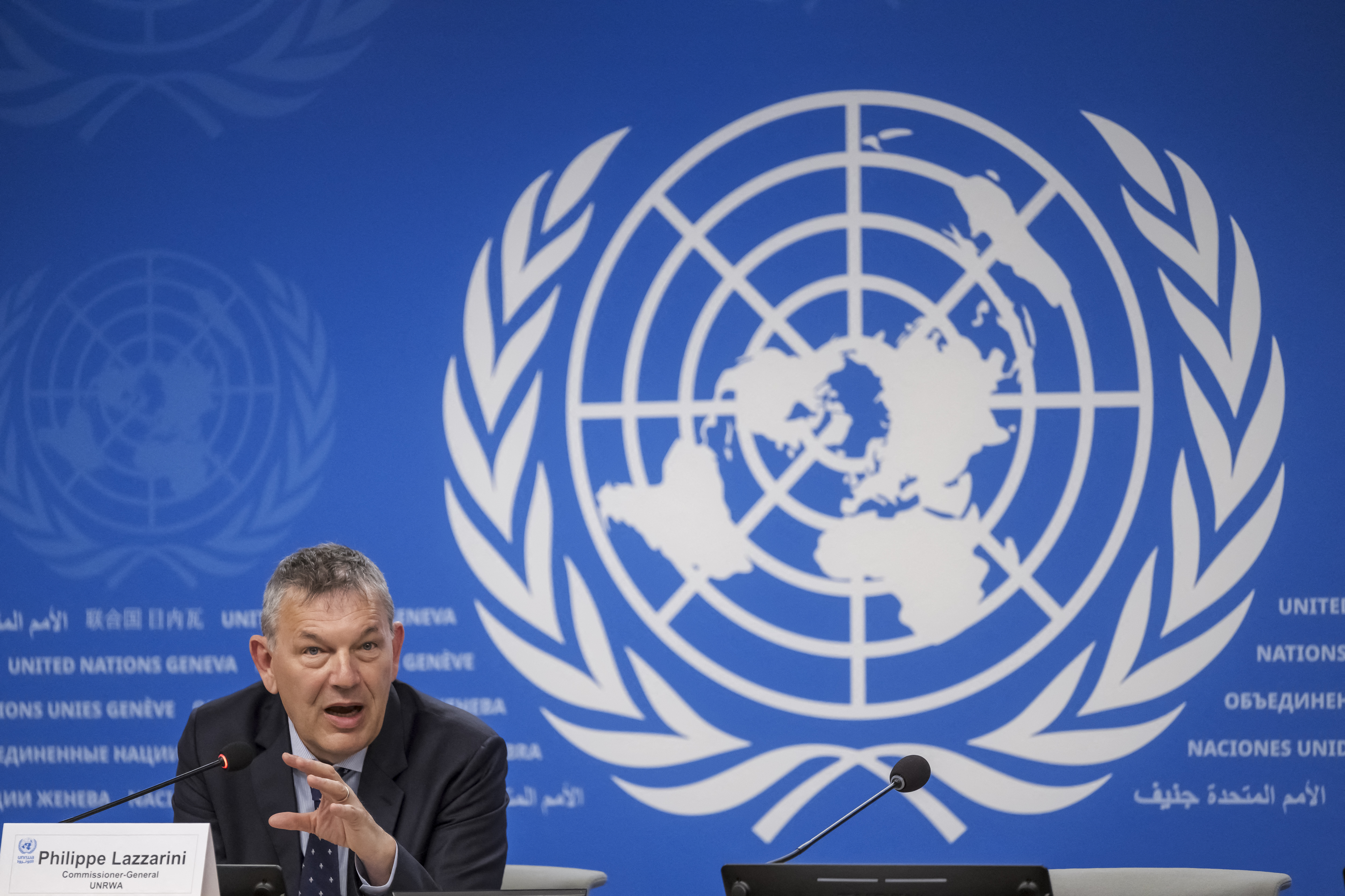 UNRWA Commissioner General Philippe Lazzarini gestures during a press conference on the situation in the Palestinian Gaza strip.