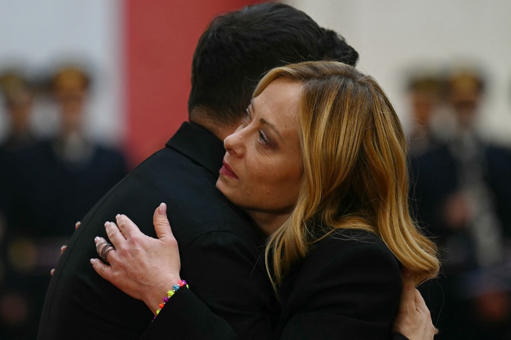 Giorgia Meloni welcomes Ukraine's President Volodymyr Zelensky at Palazzo Chigi prior their meeting in Rome