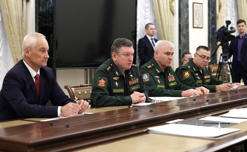 Moscow, Russia. 15th May, 2024. Sitting from left: Russian Defence Minister Andrei Belousov, Leningrad Military District Commander, Colonel General Alexandr Lapin, Southern Military District Commander, Colonel General Gennady Anashkin and Eastern Military