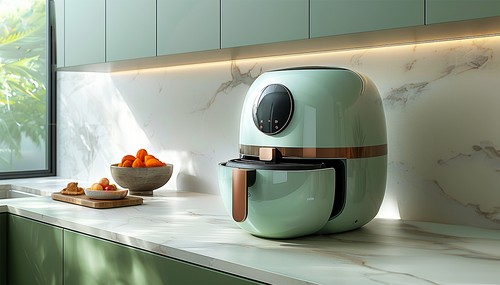 Air fryer oven on kitchen countertop. This offers fast and easy crispy food with little or no fat by circulating hot air inside the basket. A healthy snack alternative. In modern green and white marble kitchen. Luxury home