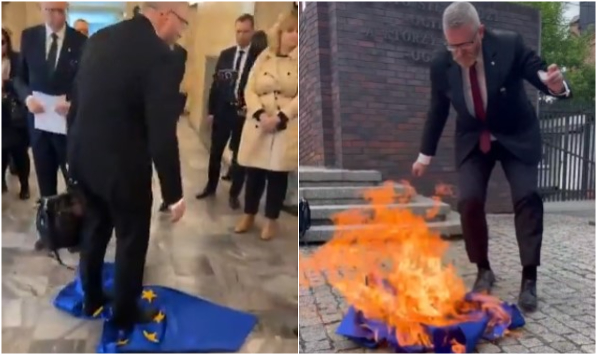 Grzegorz Braun pali zastavu EU-a