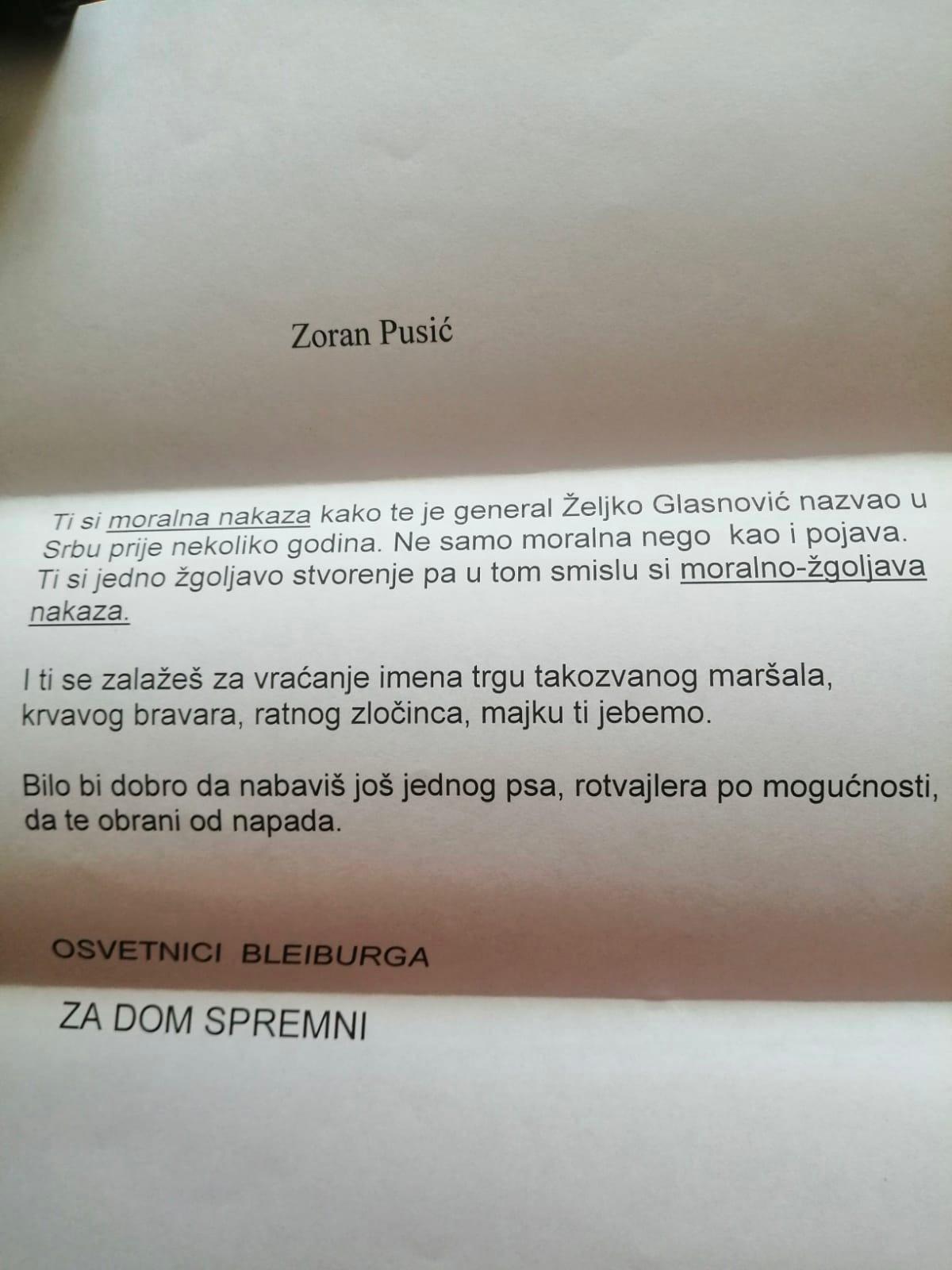 Prijeteće pismo Zoranu Pusiću