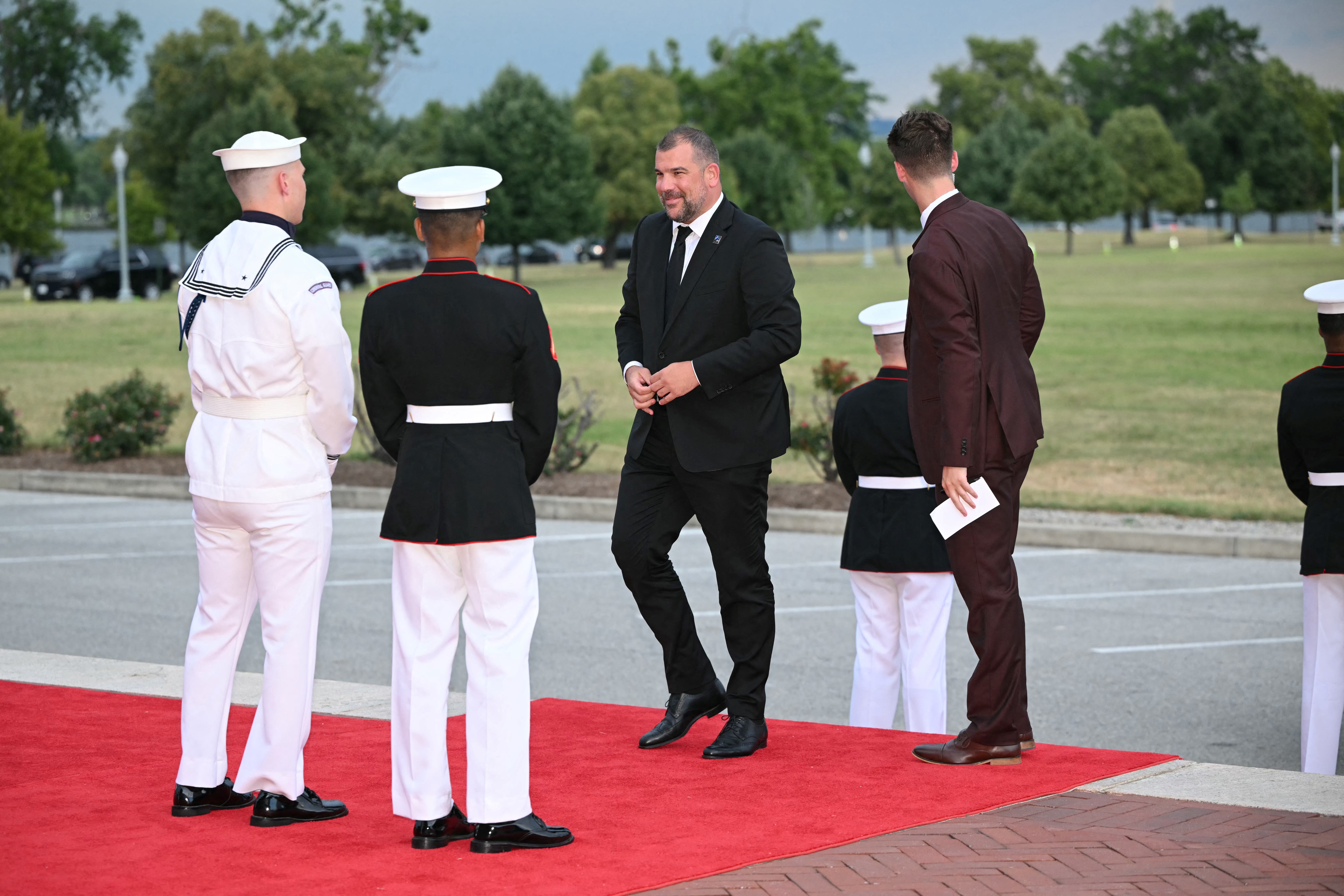 Montenegrin Defense Minister Dragan Krapovic arrives for a NATO Defense Ministers dinner hosted by US Secretary of Defense Lloyd Austin at Fort McNair in Washington, DC
