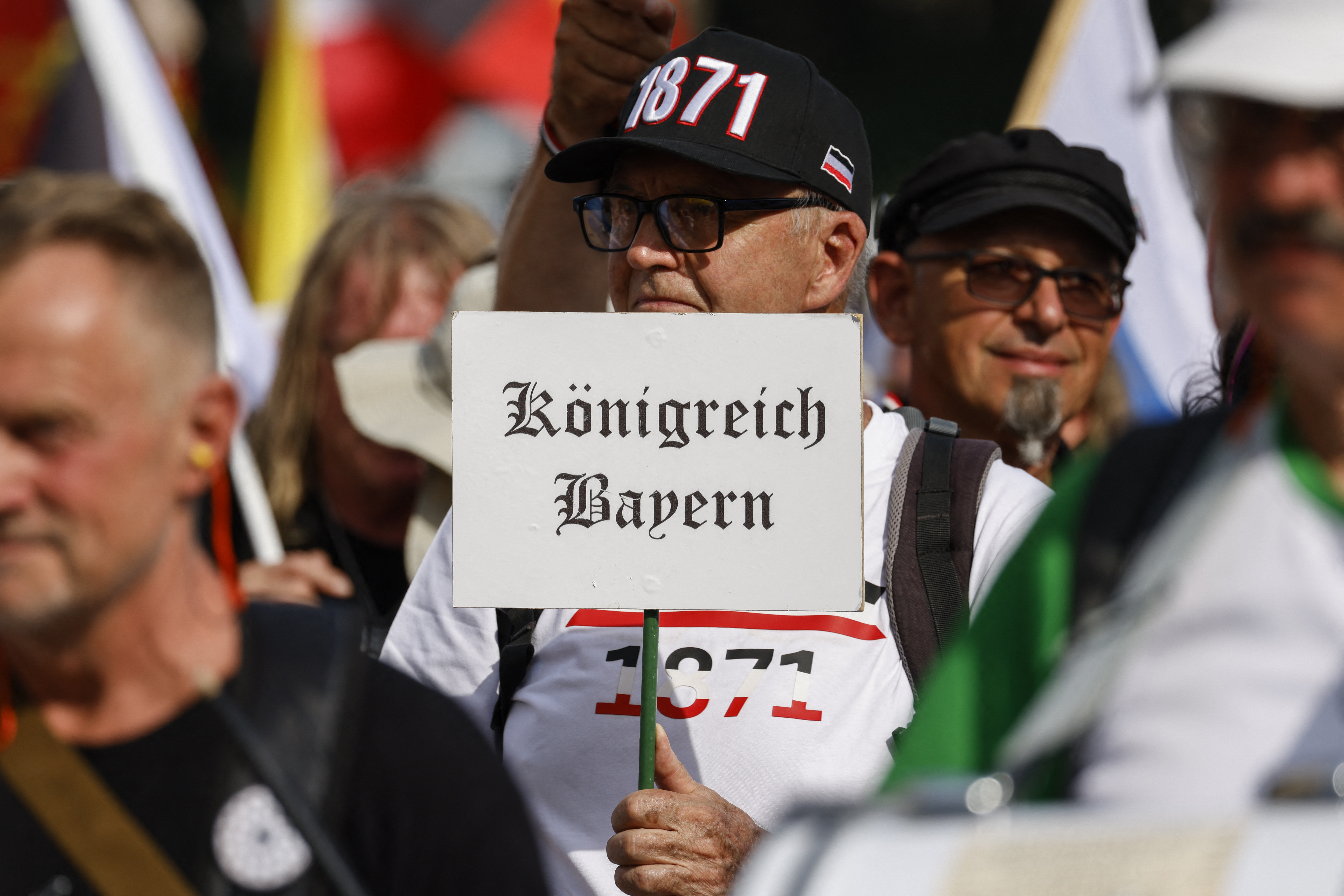 Supporters of the Citizens of the Reich (Reichsbuerger) movement, a loose grouping of extremists and conspiracy theorists who reject the legitimacy of the modern German republic