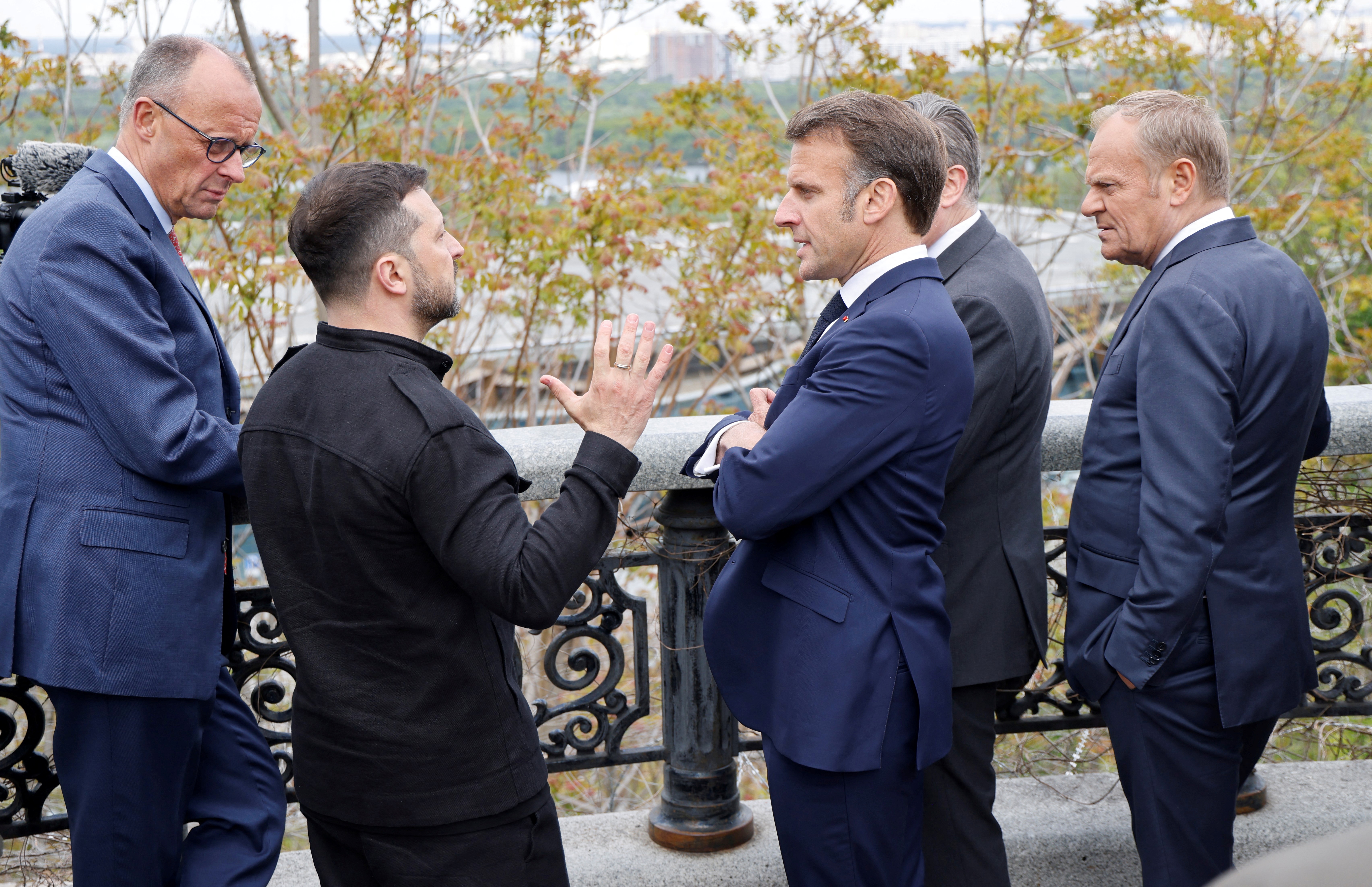 : German Chancellor Friedrich Merz, Ukranian President Volodymyr Zelensky, French President Emmanuel Macron, British Prime Minister Keir Starmer and Polish Prime Minister Donald Tusk