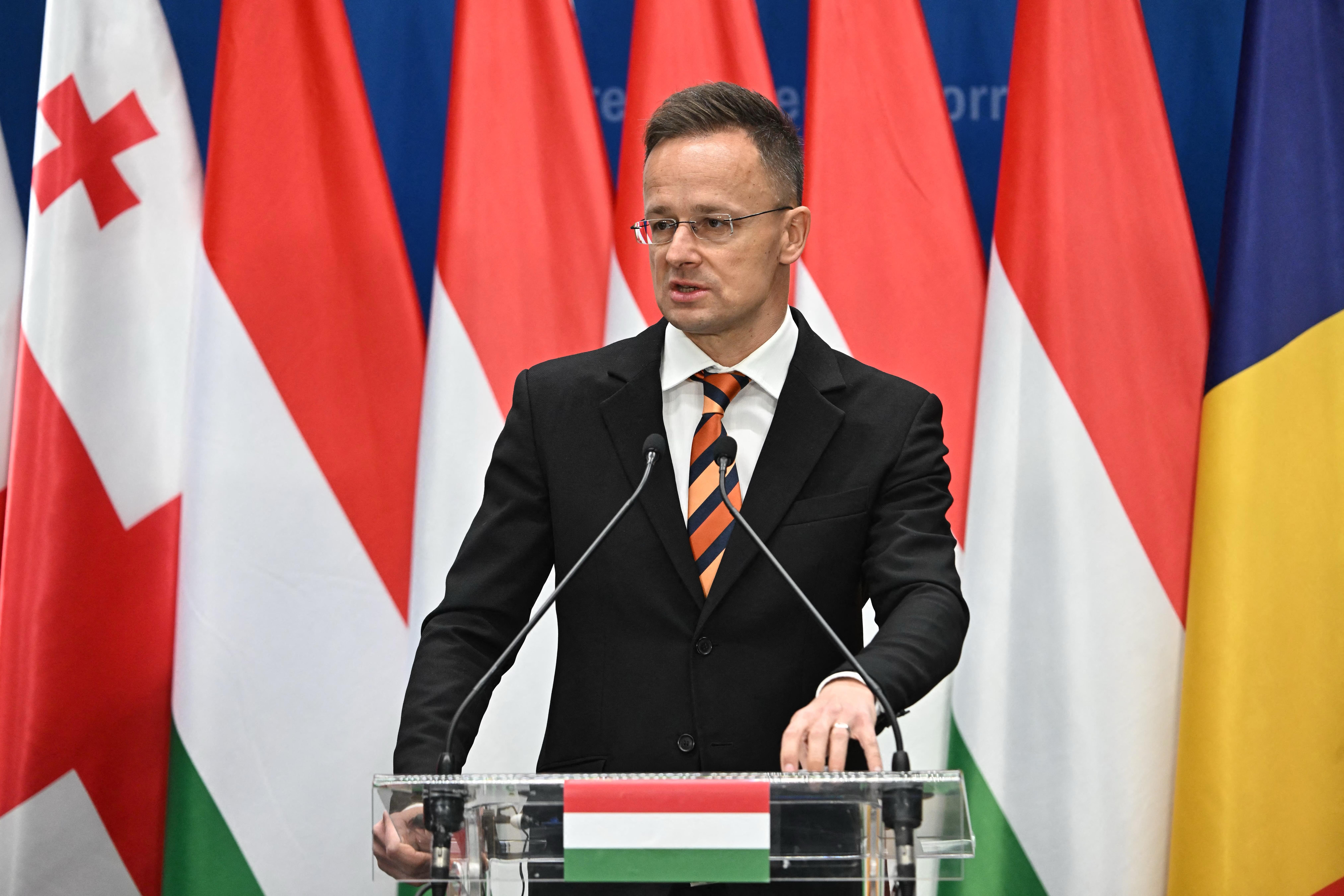 Hungary's Foreign and Trade Minister Peter Szijjarto answers journalists' questions during his joint press conference with ministers of Azerbaijan, Georgia, Romania and Bulgaria