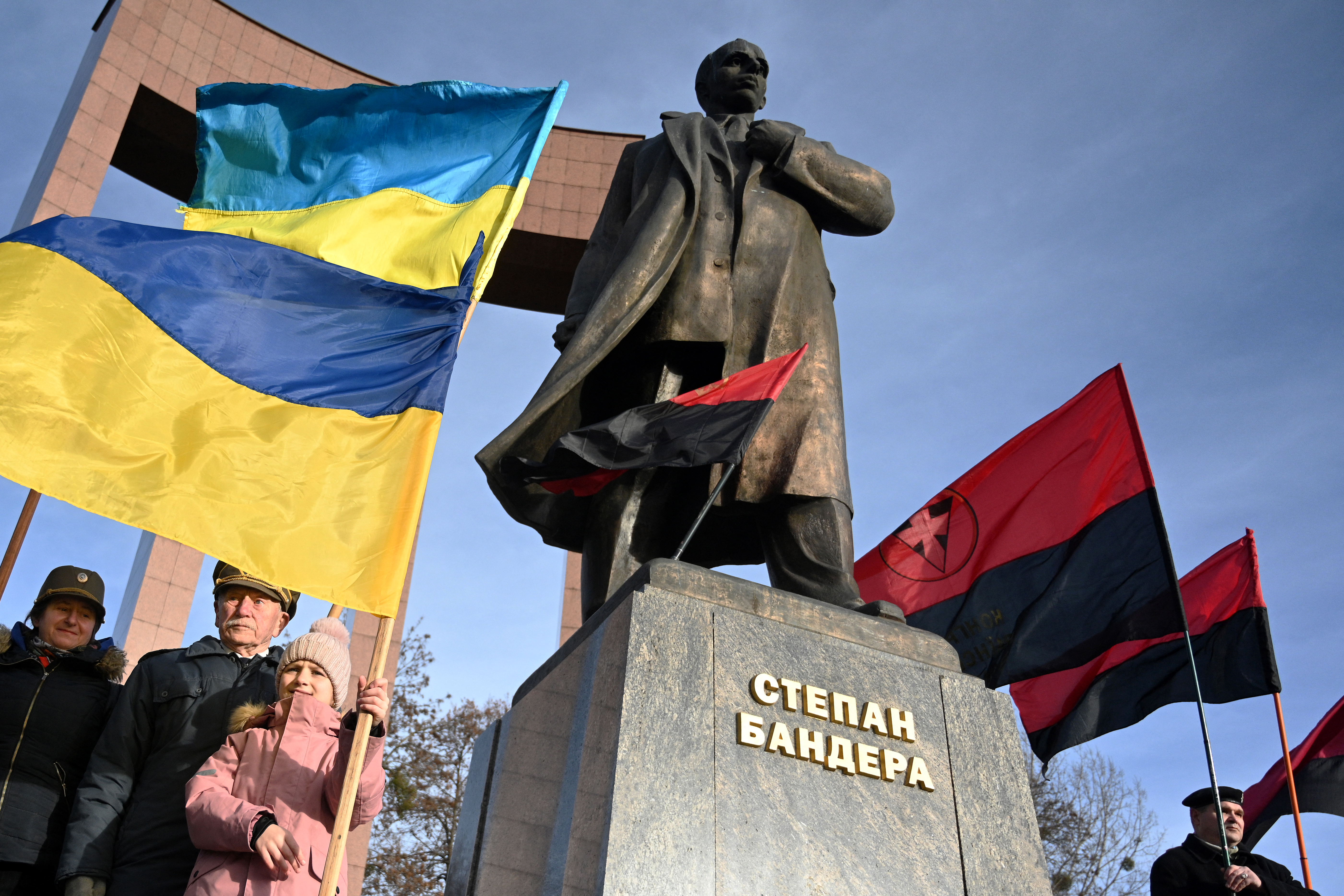 People attend a ceremony to mark the 116th anniversary of the birth of Ukrainian far-right leader and leader of the Organisation of Ukrainian Nationalists (OUN) Stepan Bandera (1909-1959)