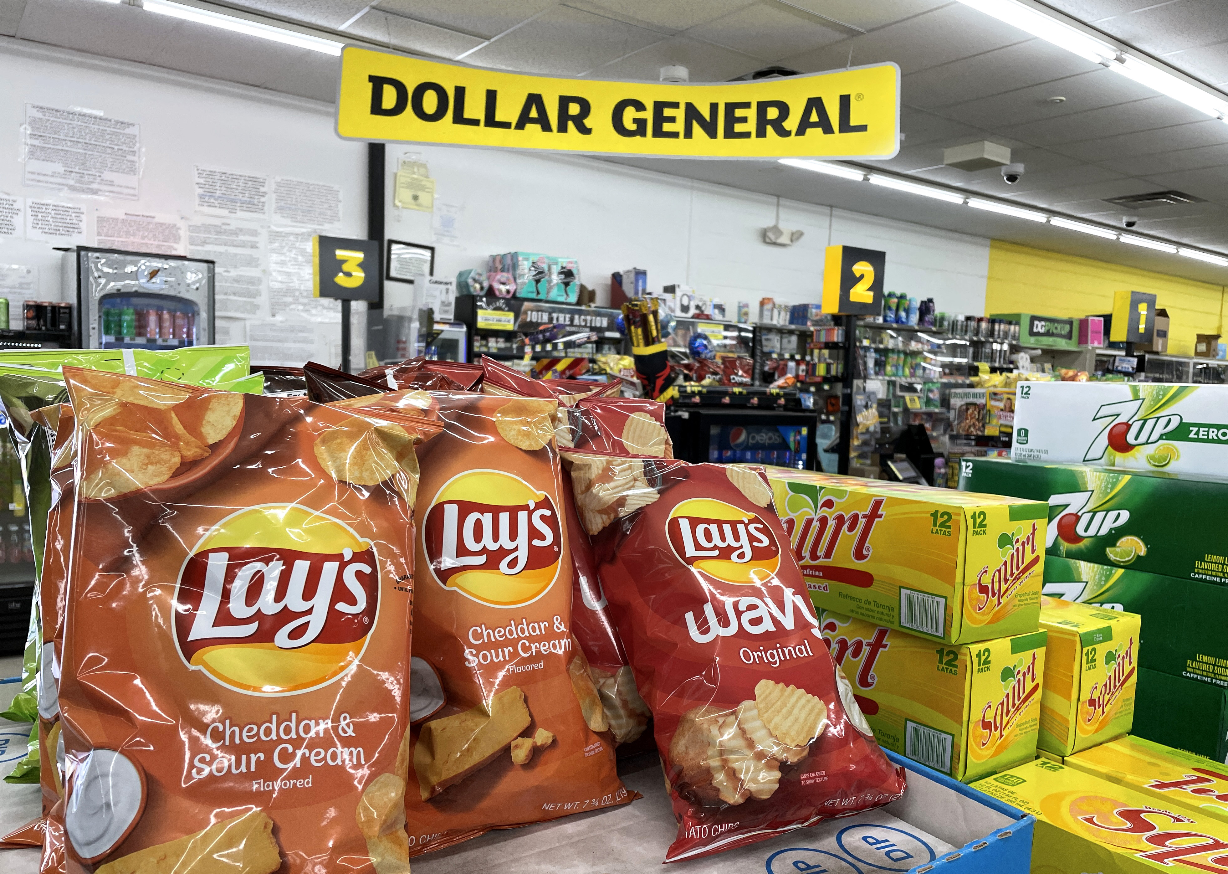 VALLEJO, CALIFORNIA - MARCH 17: Lays potato chips are displayed at a Dollar General store on March 17, 2022 in Vallejo, California.