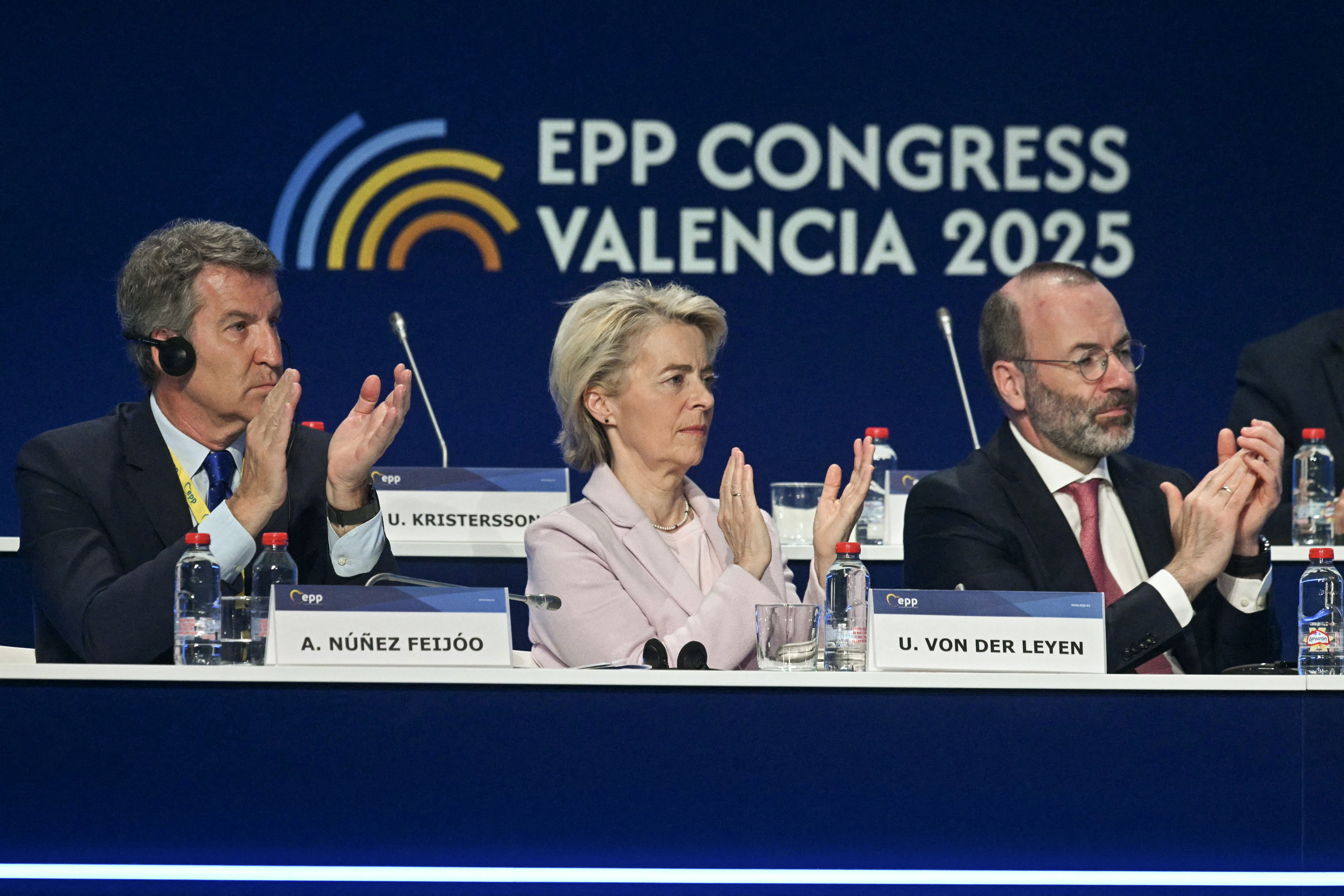 (L-R) Spain's opposition Popular Party (PP) leader Alberto Nunez Feijoo, European Commission President and European People's Party (EPP) member Ursula von der Leyen, and President of the European People's Party (EPP) Manfred Weber