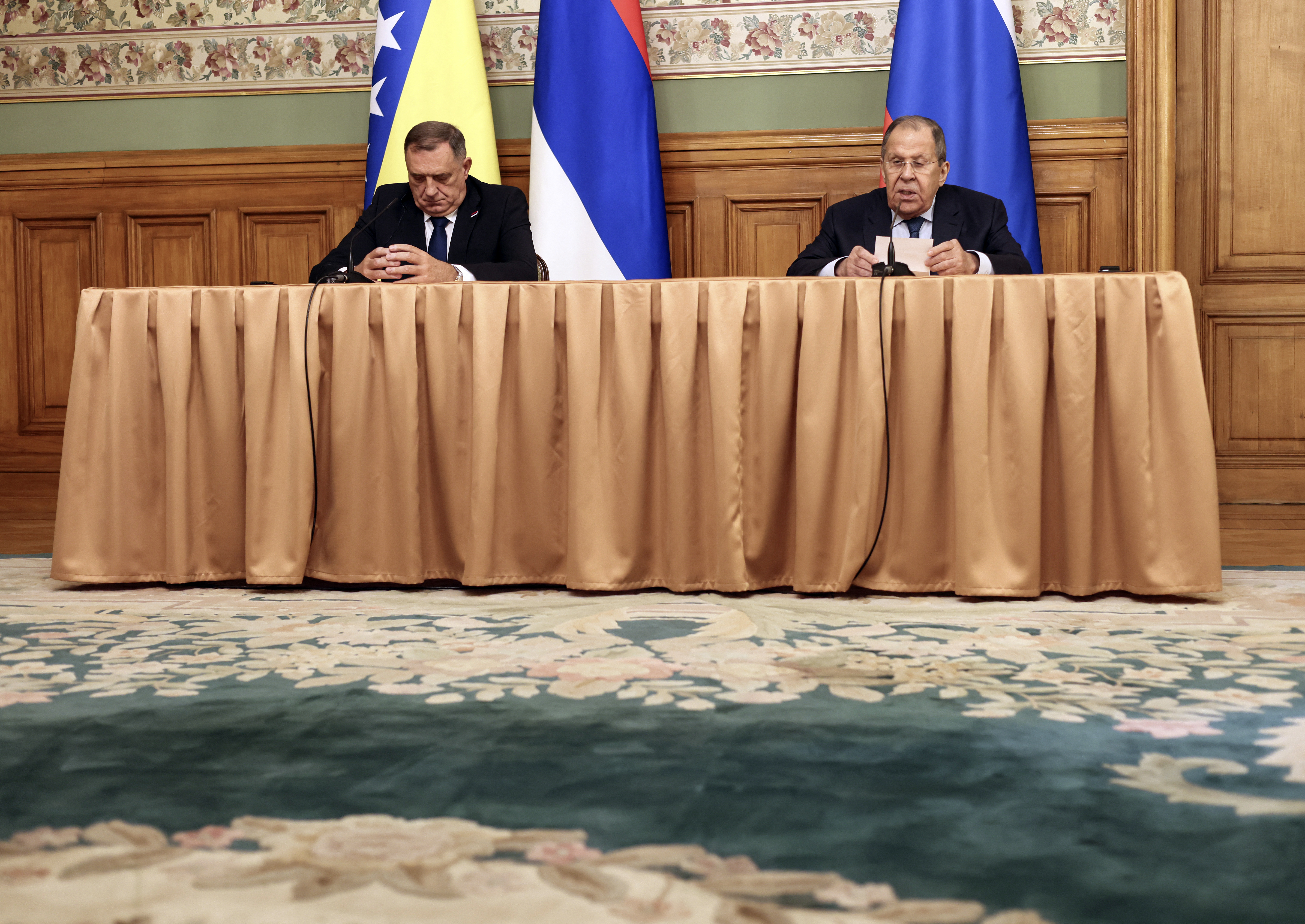 Russian Foreign Minister Sergei Lavrov and Bosnian Serb leader Milorad Dodik hold a joint press conference following their talks in Moscow.