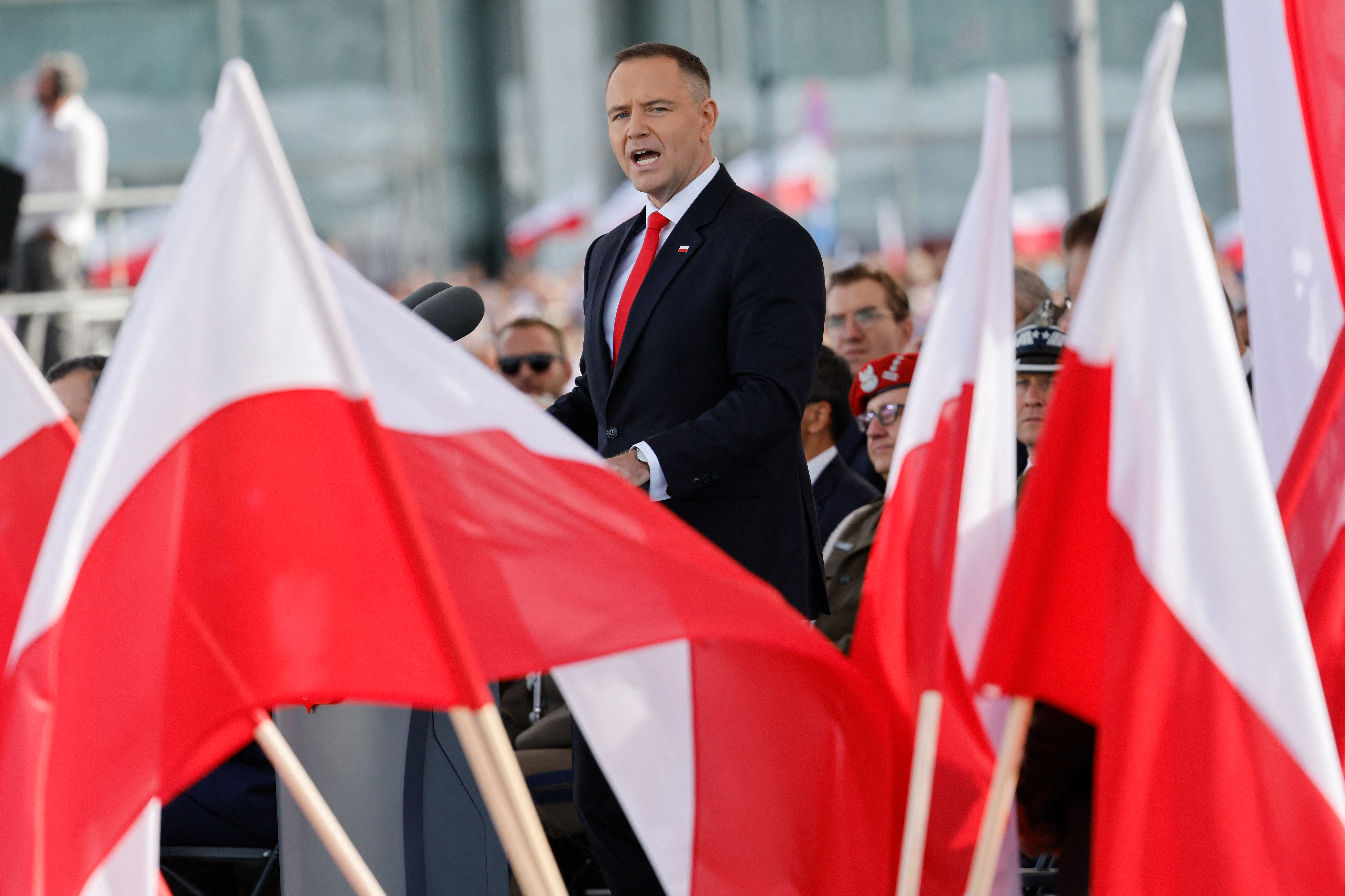 Poland's new President Karol Nawrocki speaks at an official ceremony to assume command of the Armed Forces at the Tomb of the Unknown Soldier