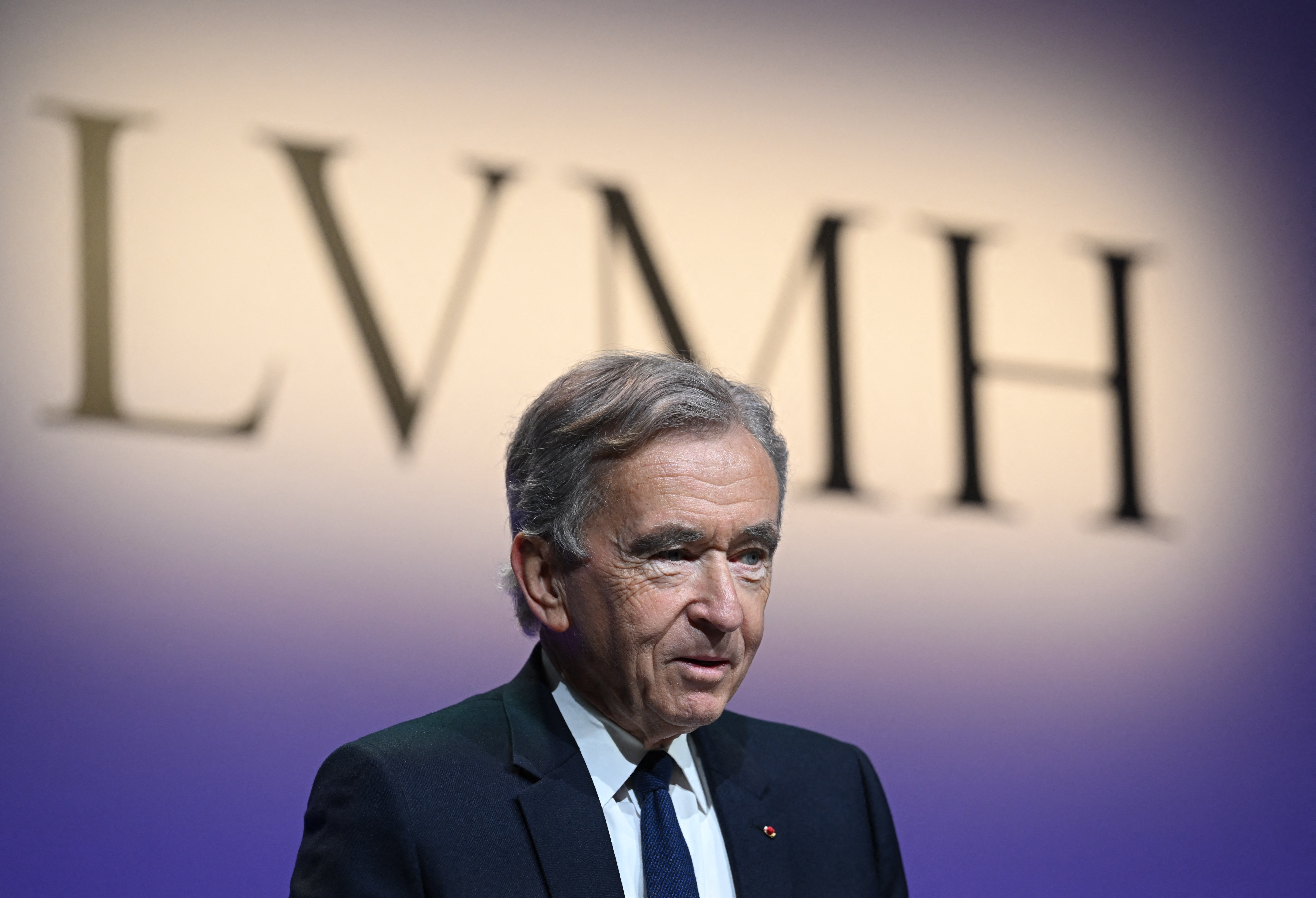 LMVH head Bernard Arnault announces the group's 2022 results at the LVMH headquarters in Paris on January 26, 2023. (Photo by Stefano Rellandini / AFP)