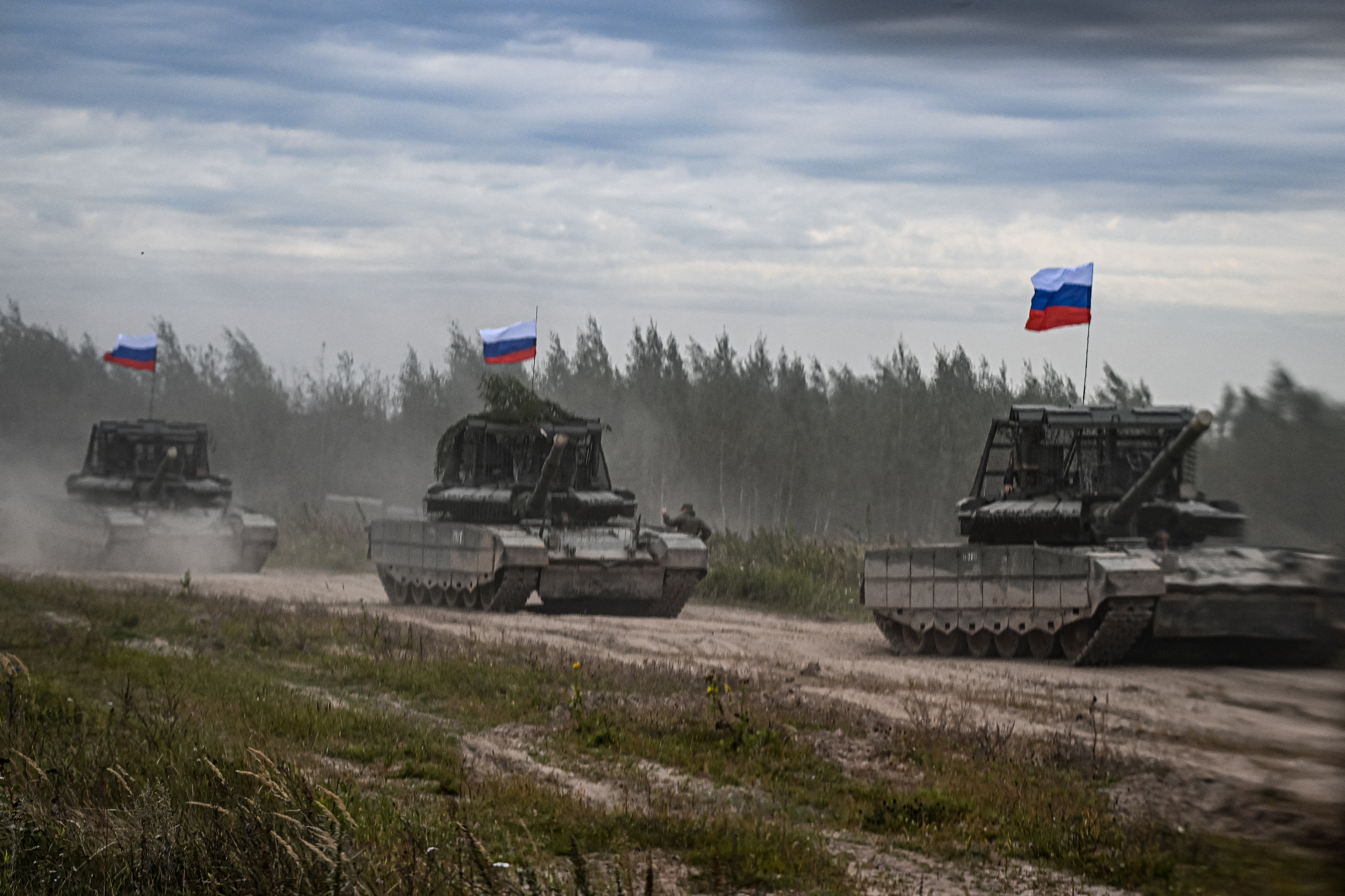 Russian tanks move during the "Zapad-2025" (West-2025) joint Russian-Belarusian military drills at a training ground near the town of Borisov