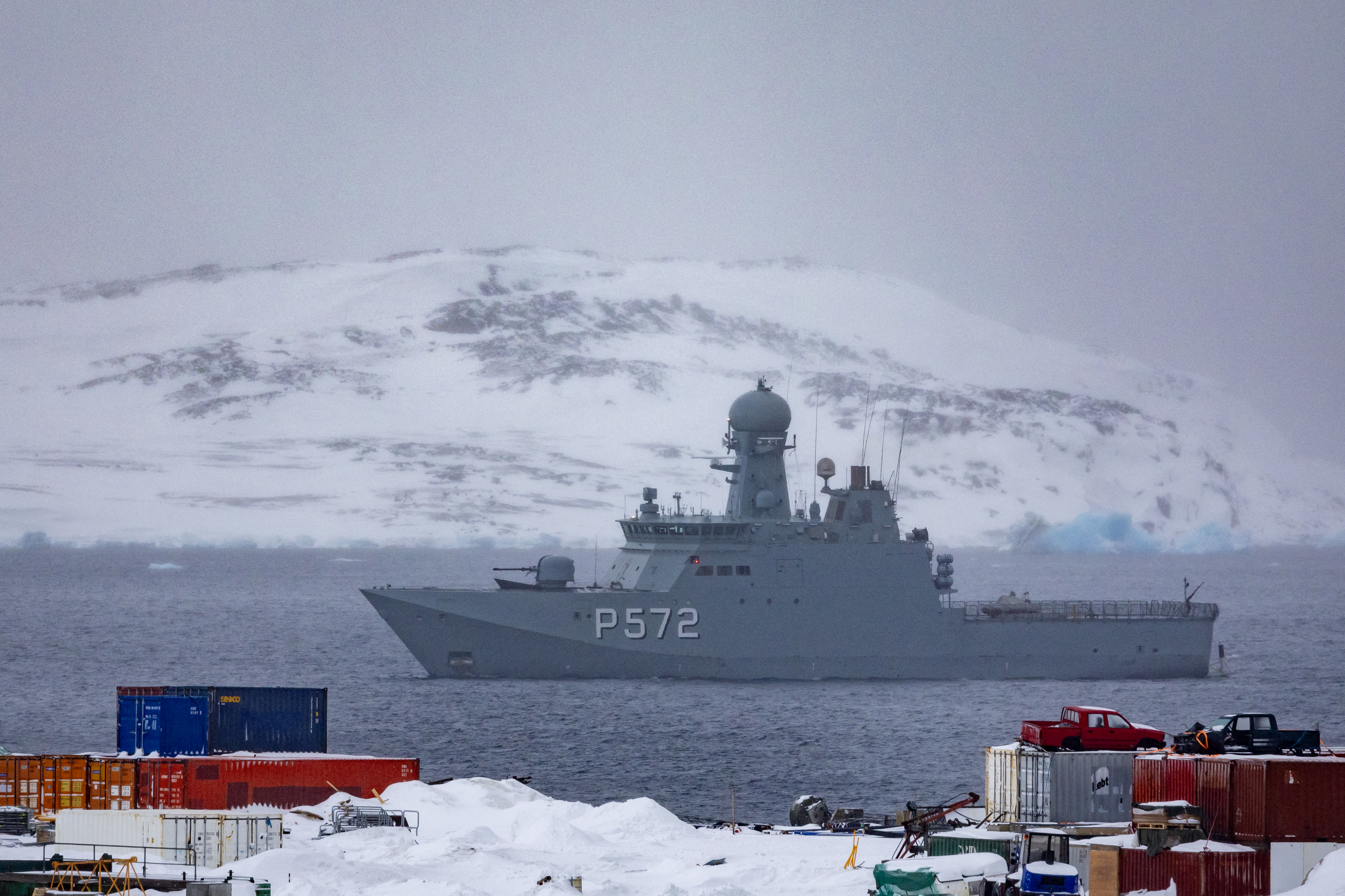 (FILES) Danish navy vessel P572 Lauge Koch patrols the waters off the capital Nuuk, Greenland, on March 8, 2025