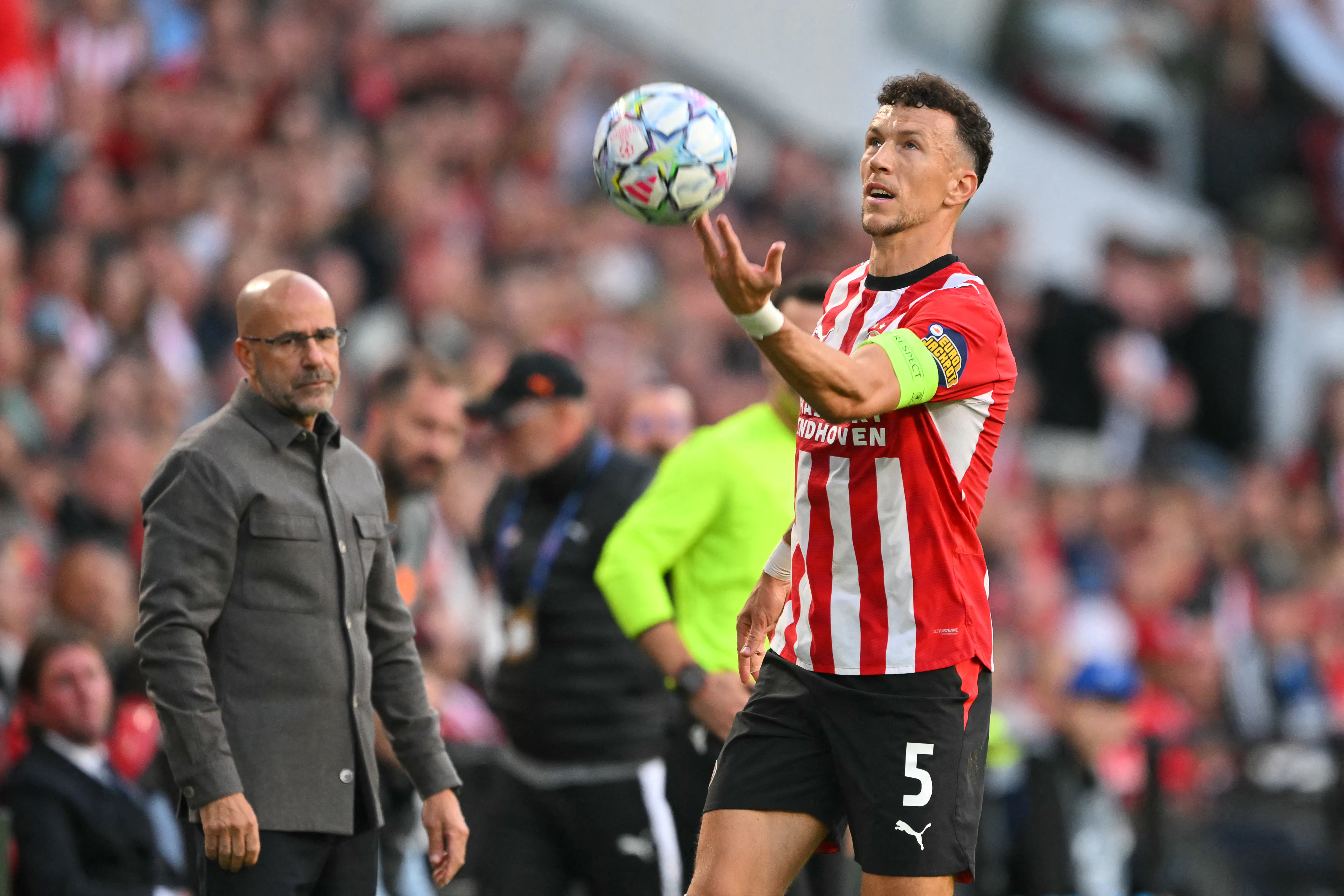 PSV Eindhoven's Croatian forward #05 Ivan Perisic holds the ball September 10, 2026. (Photo by NICOLAS TUCAT / AFP)