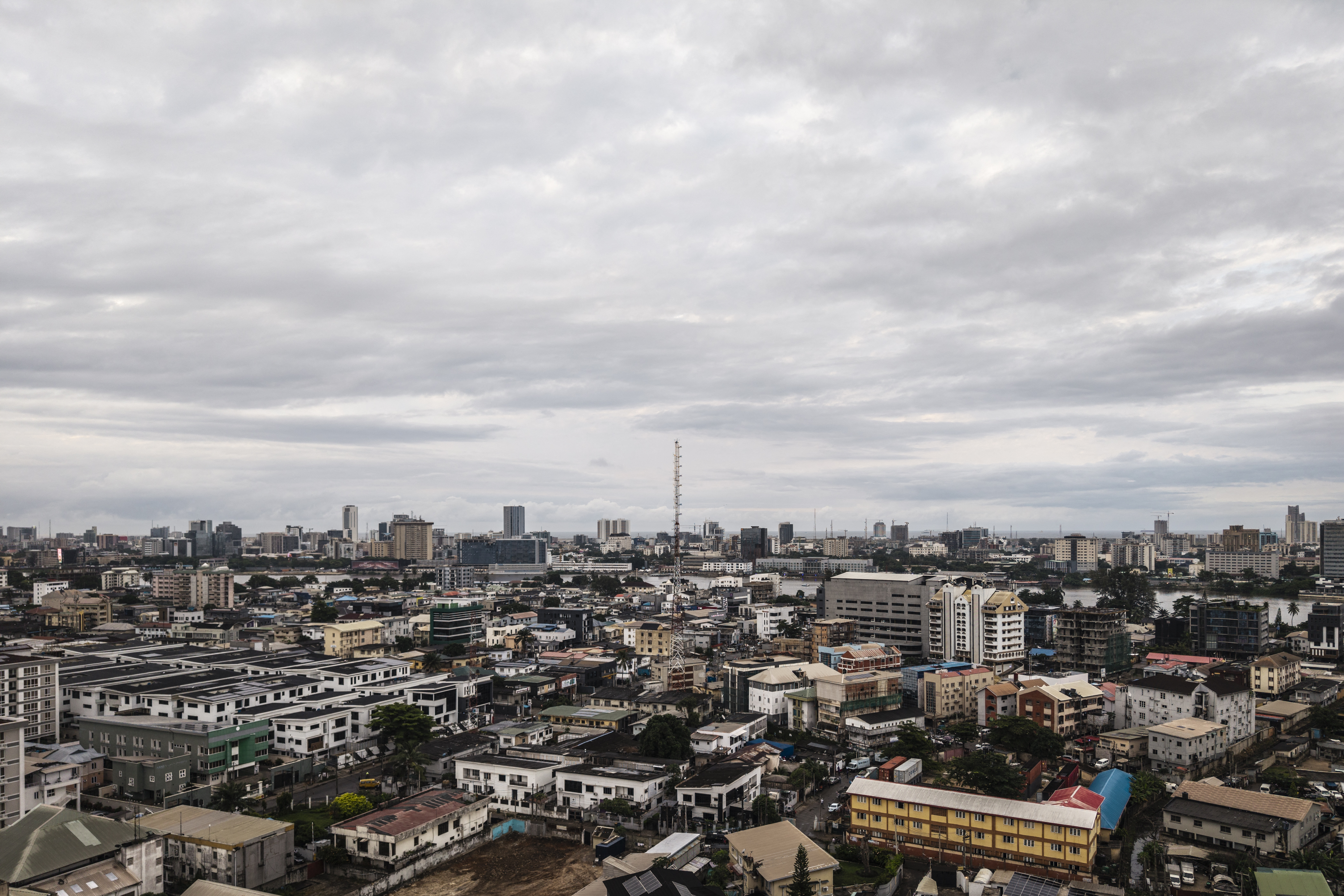 This aerial view shows the skyline in Lagos island on August 13, 2025.
