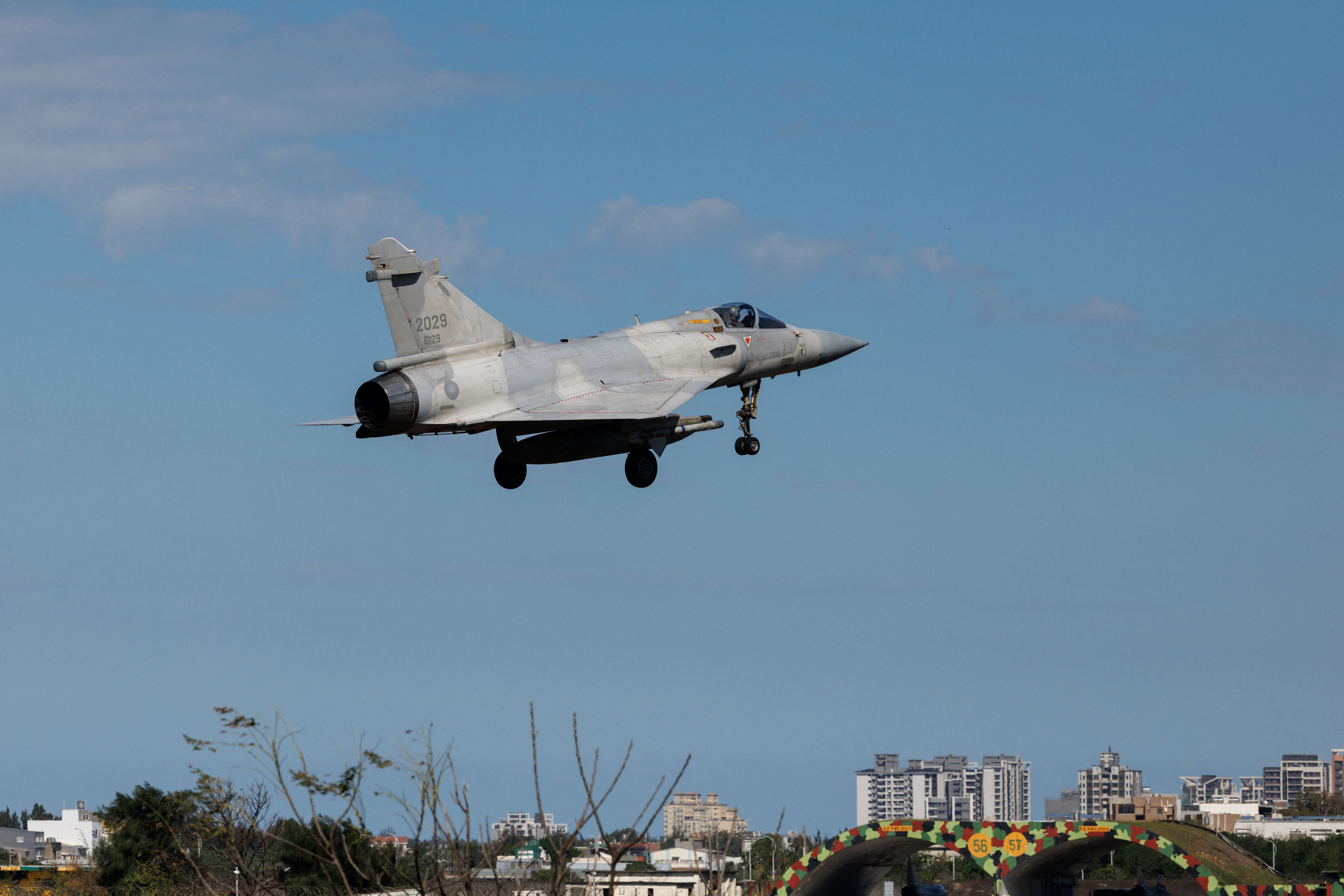 A Taiwan Air Force Mirage 2000 fighter jet takes off at Hsinchu Air Base in Hsinchu on December 29, 2025.