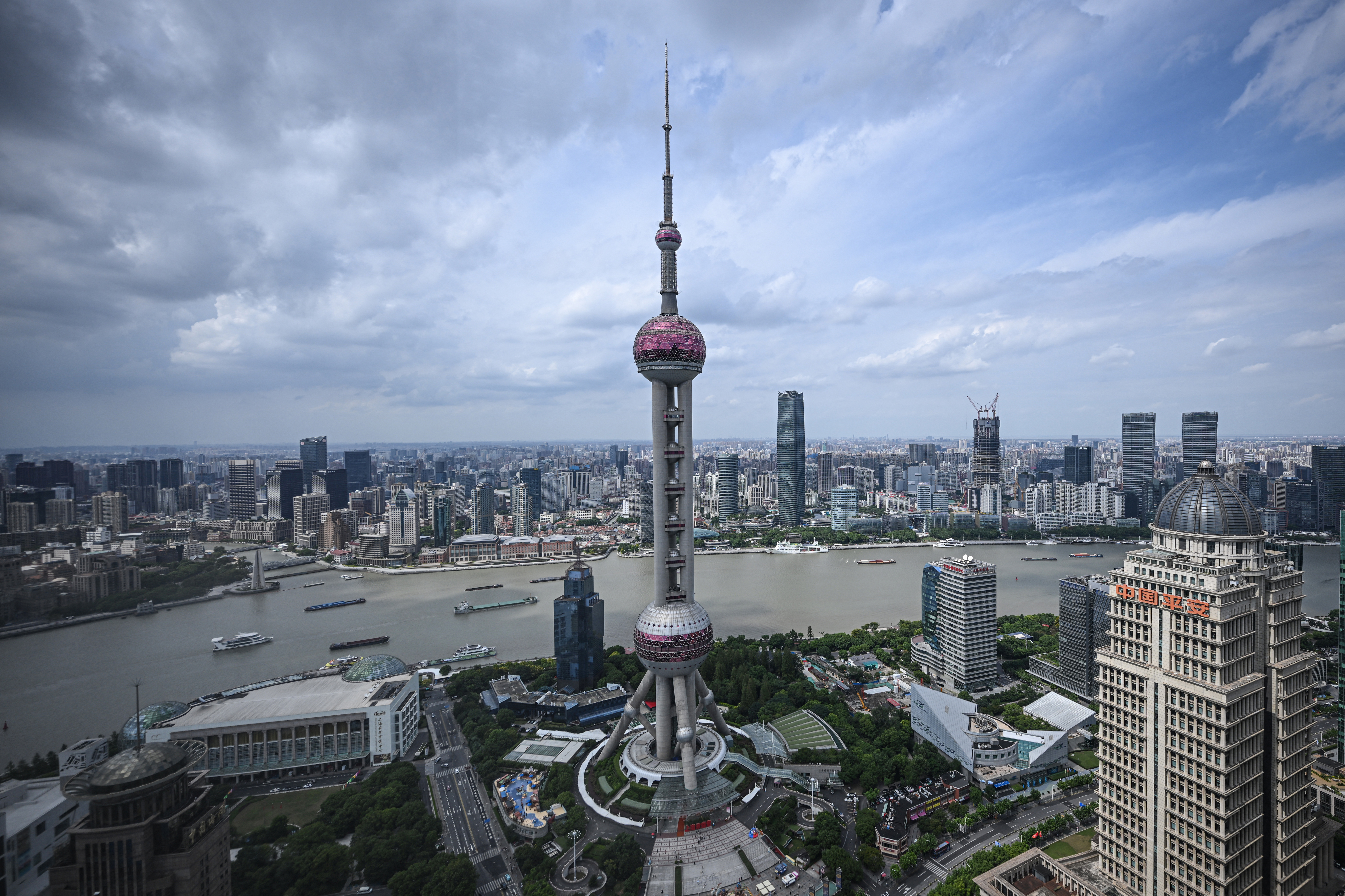 A view of the Oriental Pearl Tower seen from a high-rise building at the financial district in Shanghai in Shanghai