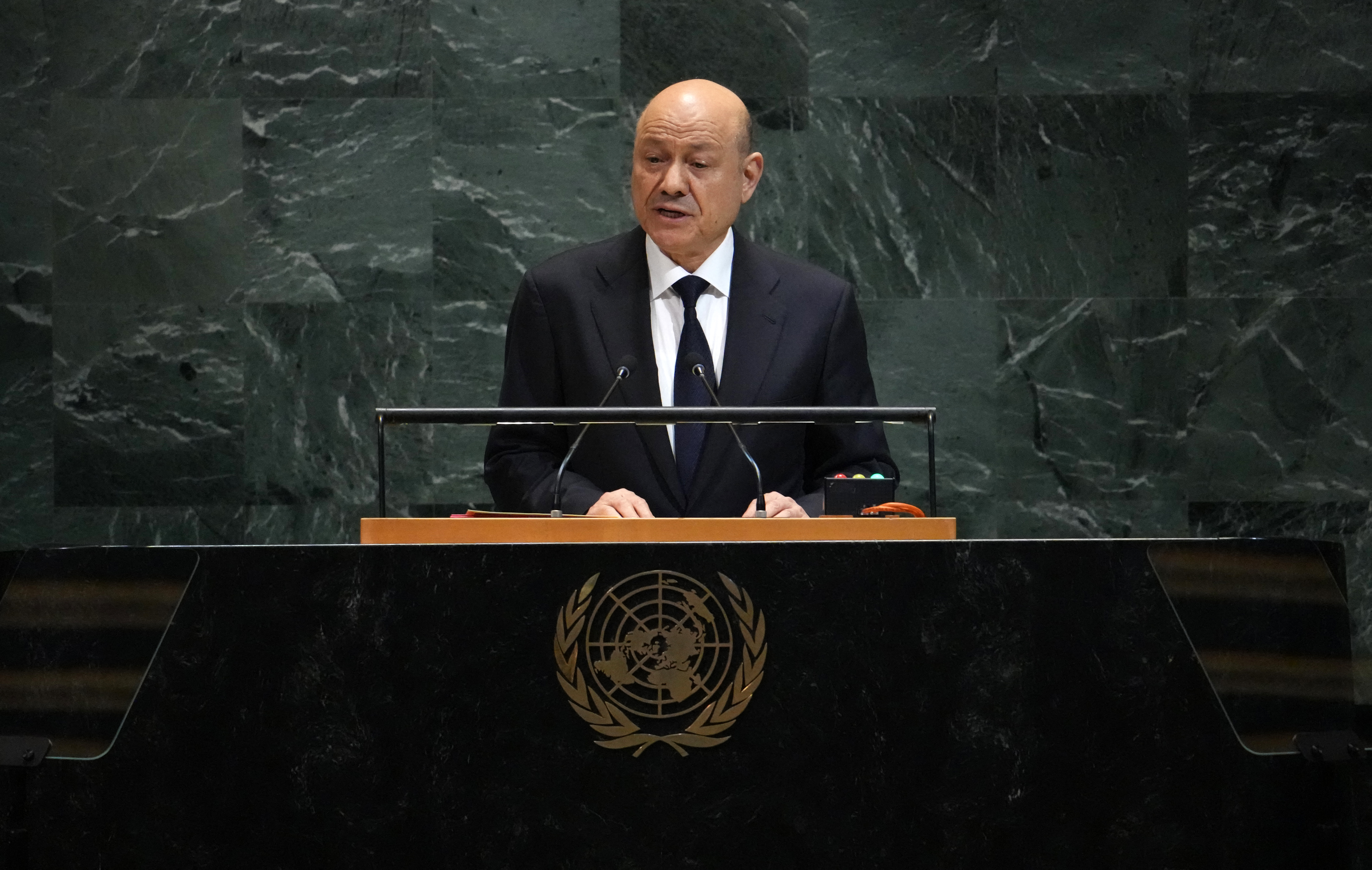 Yemen's Chairman of the Presidential Leadership Council Rashad al-Alimi speaks during the General Debate of the United Nations General Assembly at UN headquarters in New York City on September 25, 2025.
