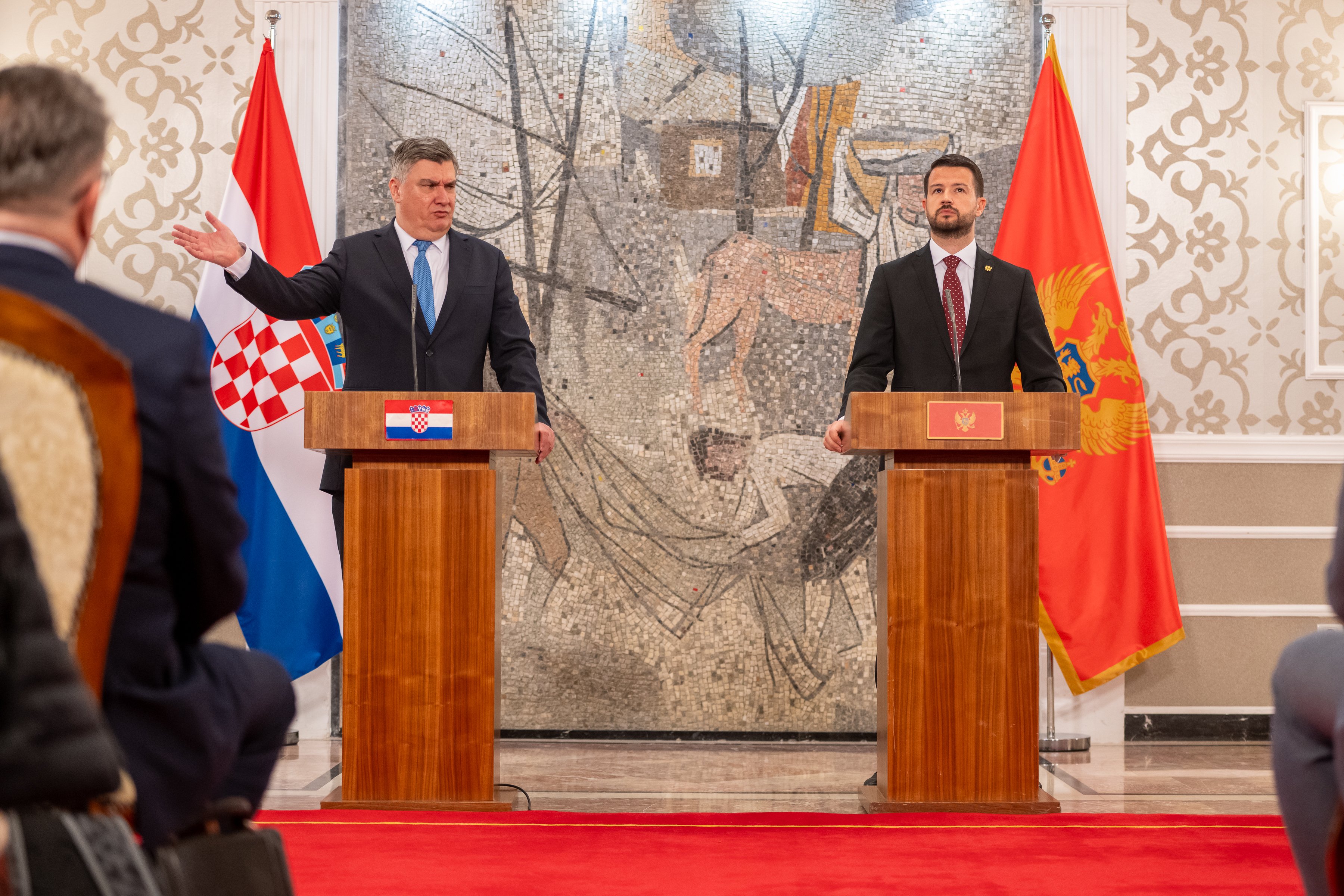 Press conference, by the President of Montenegro, Jakov Milatovic, and the President of the Republic of Croatia, Zoran Milanovic, in the press room of Vila Gorica. R.R./ATA Images/PIXSELL