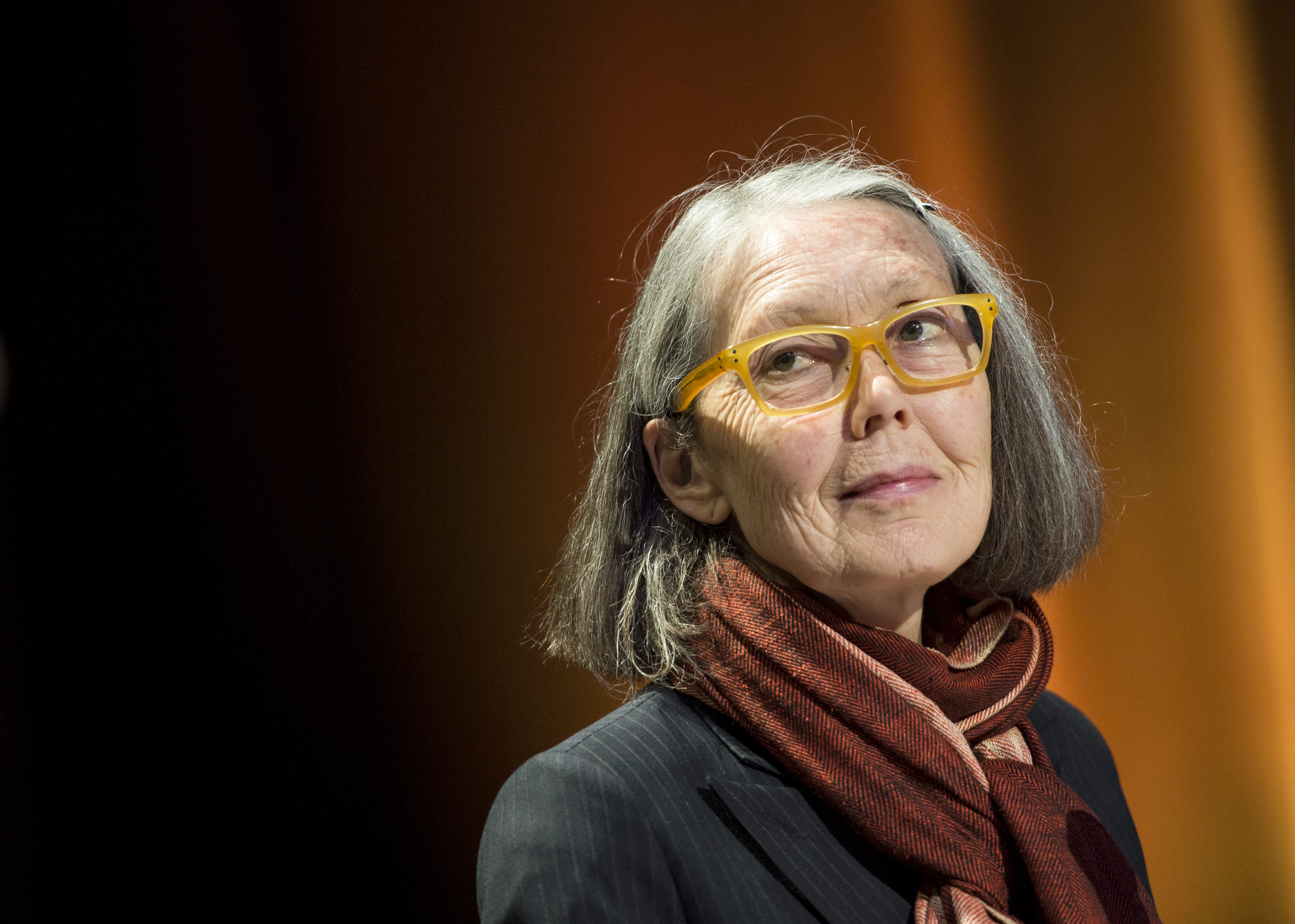This picture taken on May 8, 2015 shows Canadian poet Anne Carson performing her work "Antigonick" at the Moderna Museet art gallery in Stockholm, Sweden.