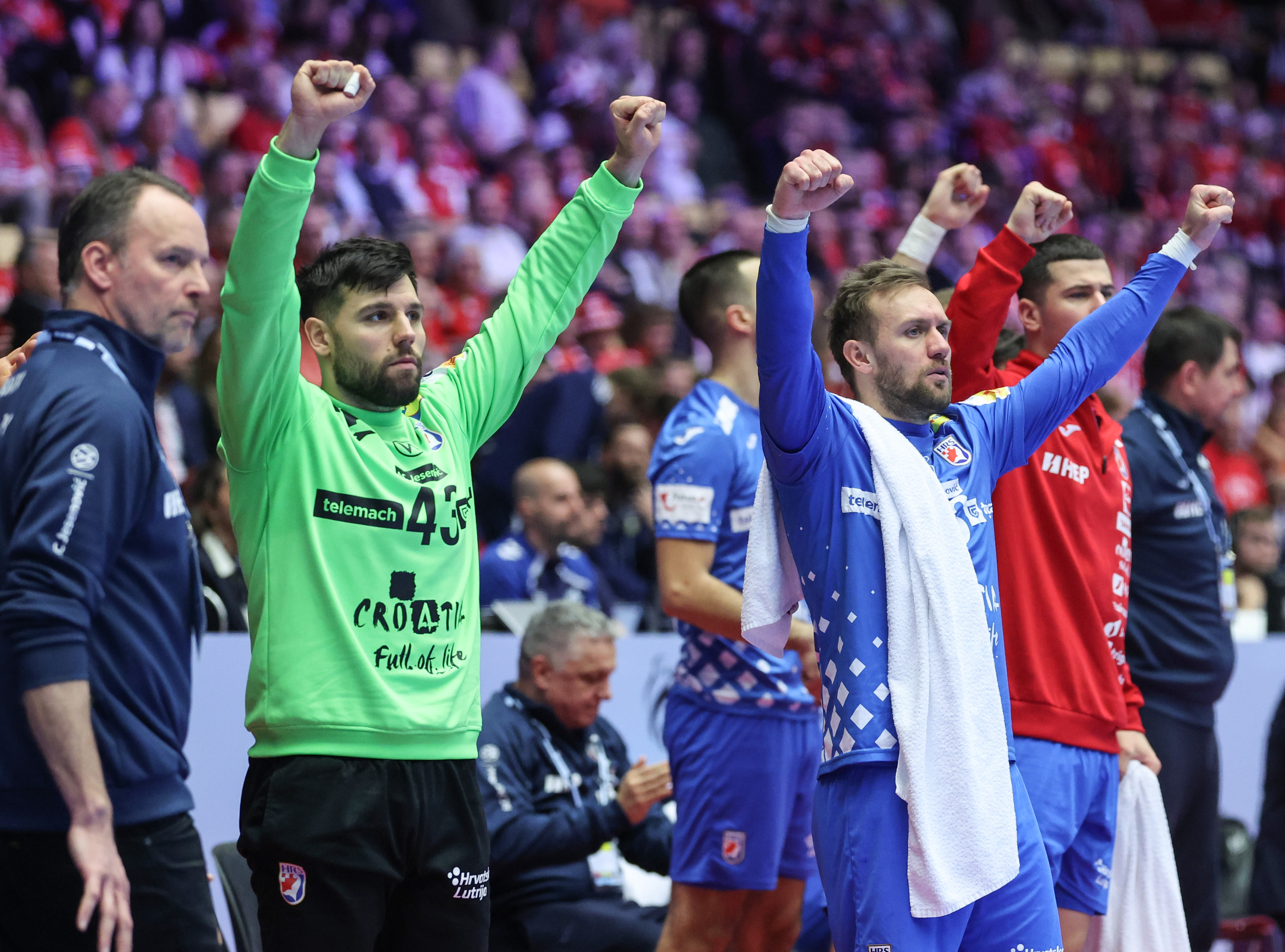 EHF Europsko prvenstvo 2026., utakmica za trece mjesto, Island - Hrvatska. Dagur Sigurdsson, Dino Slavic i Luka Cindric Photo: Sanjin Strukic/PIXSELL