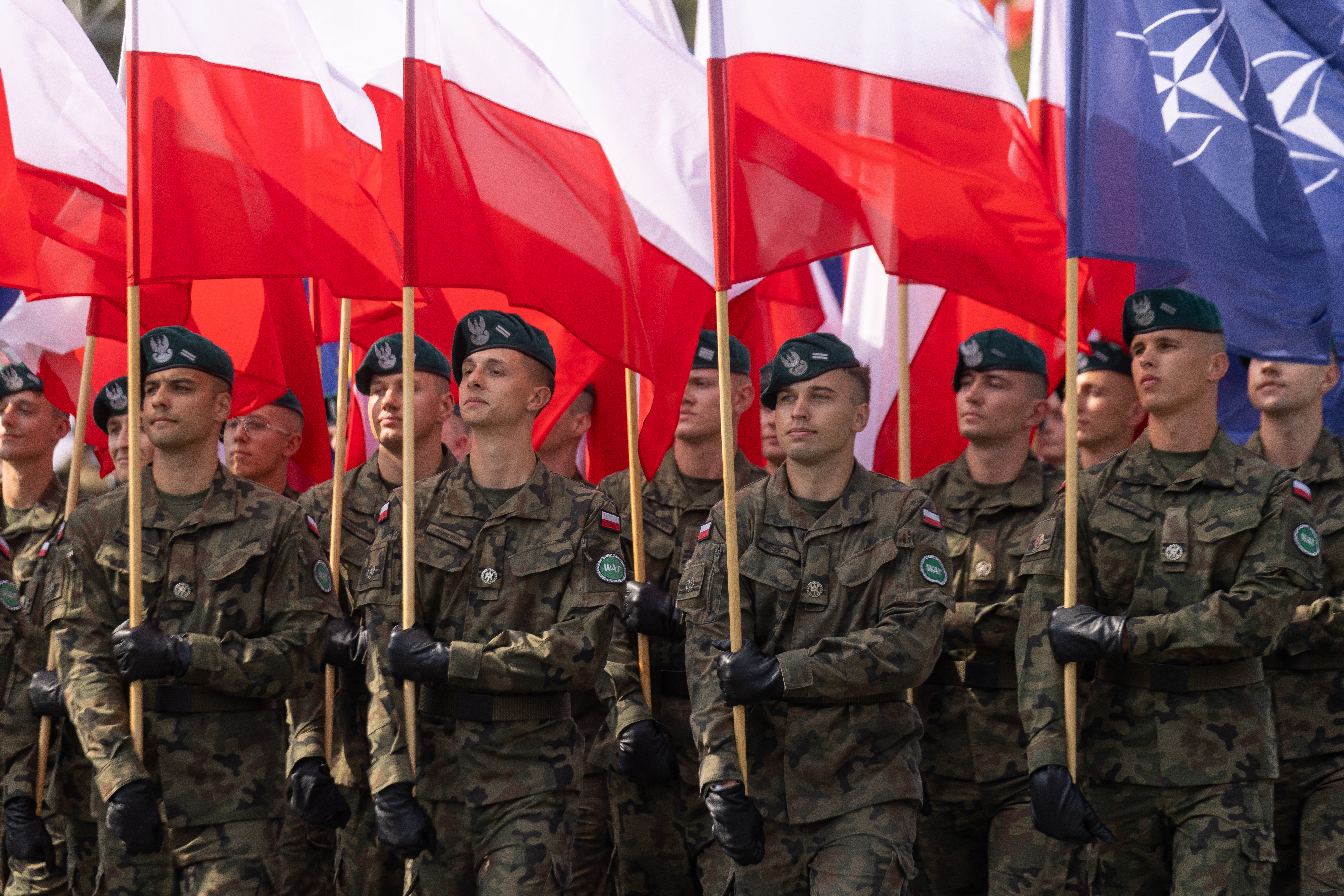 Polish soldiers take part in a military parade in Warsaw on Polish Army Day, August 15, 2024, to commemorate the anniversary of the 1920 victory over Soviet Russia at the Battle of Warsaw during the Polish–Soviet War. (Photo by Wojtek RADWANSKI / AFP)