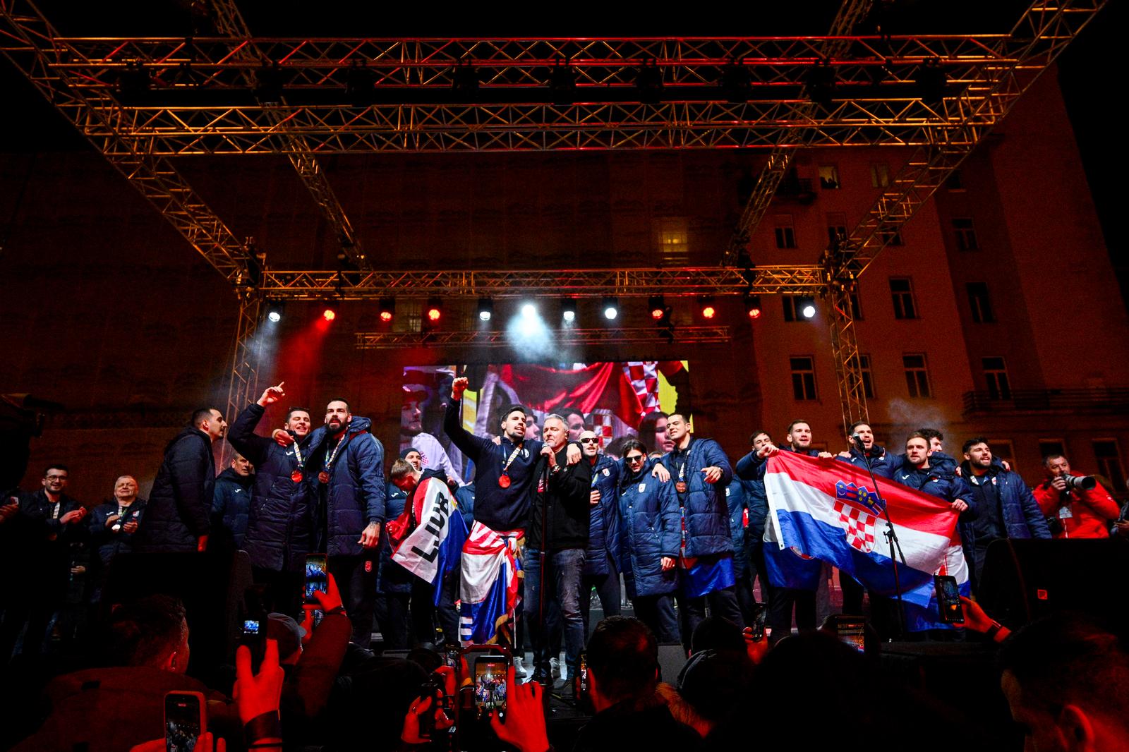 02.02.2026., Zagreb - Svecani docek hrvatske rukometne reprezentacije u na Trgu bana Josipa Jelacica nakon osvojene broncane medalje na Europskom rukometnom prvenstvu. Photo: Davor Puklavec/PIXSELL