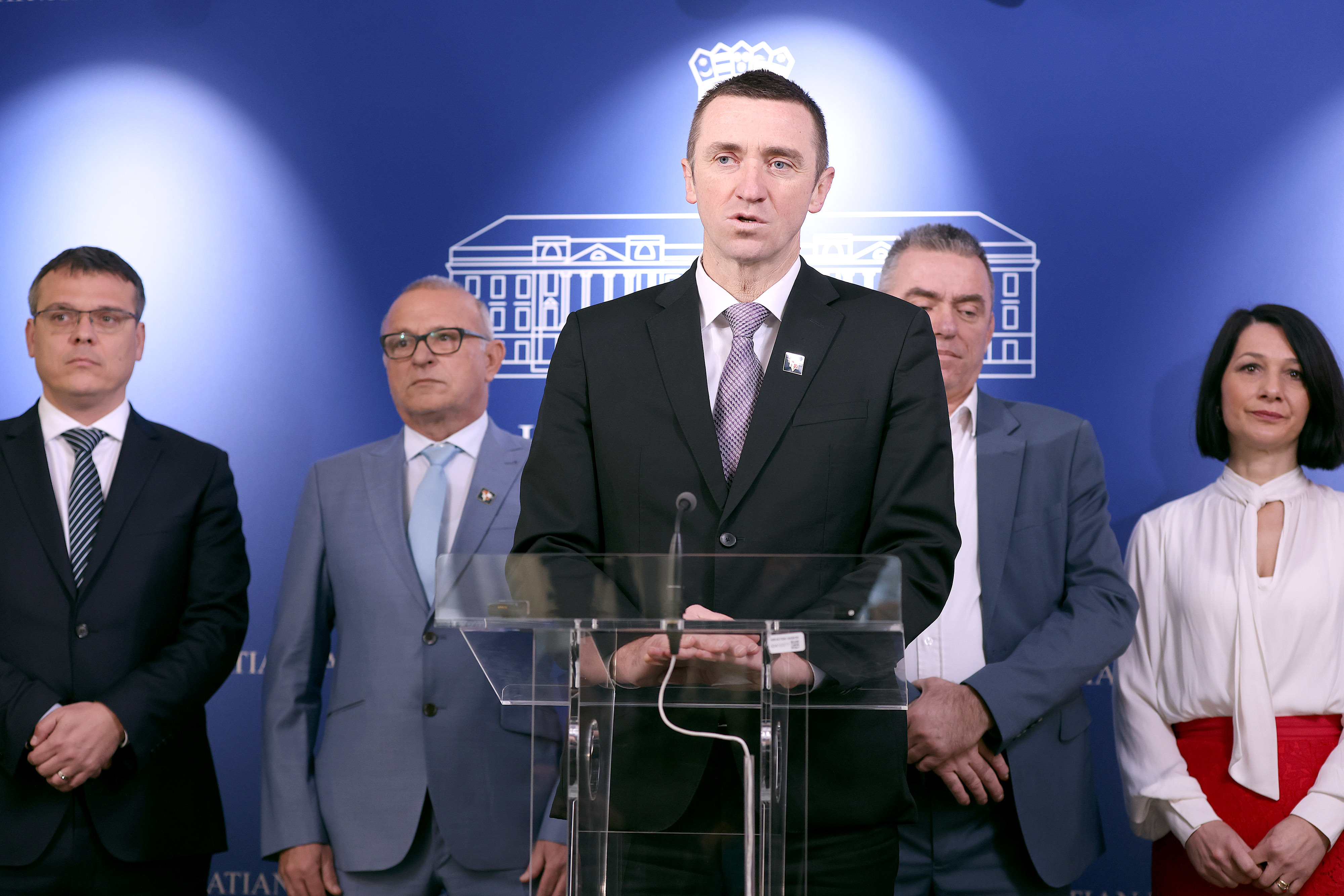 06.02.2026., Zagreb - Na konferenciji za medije odrzanoj u Saboru o uklanjanju mauzoleja cetnickog vojvode Soskocanina govorili su Ivan Penava, Stipo Mlinaric, Tomislav Josic i Ivica Kukavica. Photo: Patrik Macek/PIXSELL