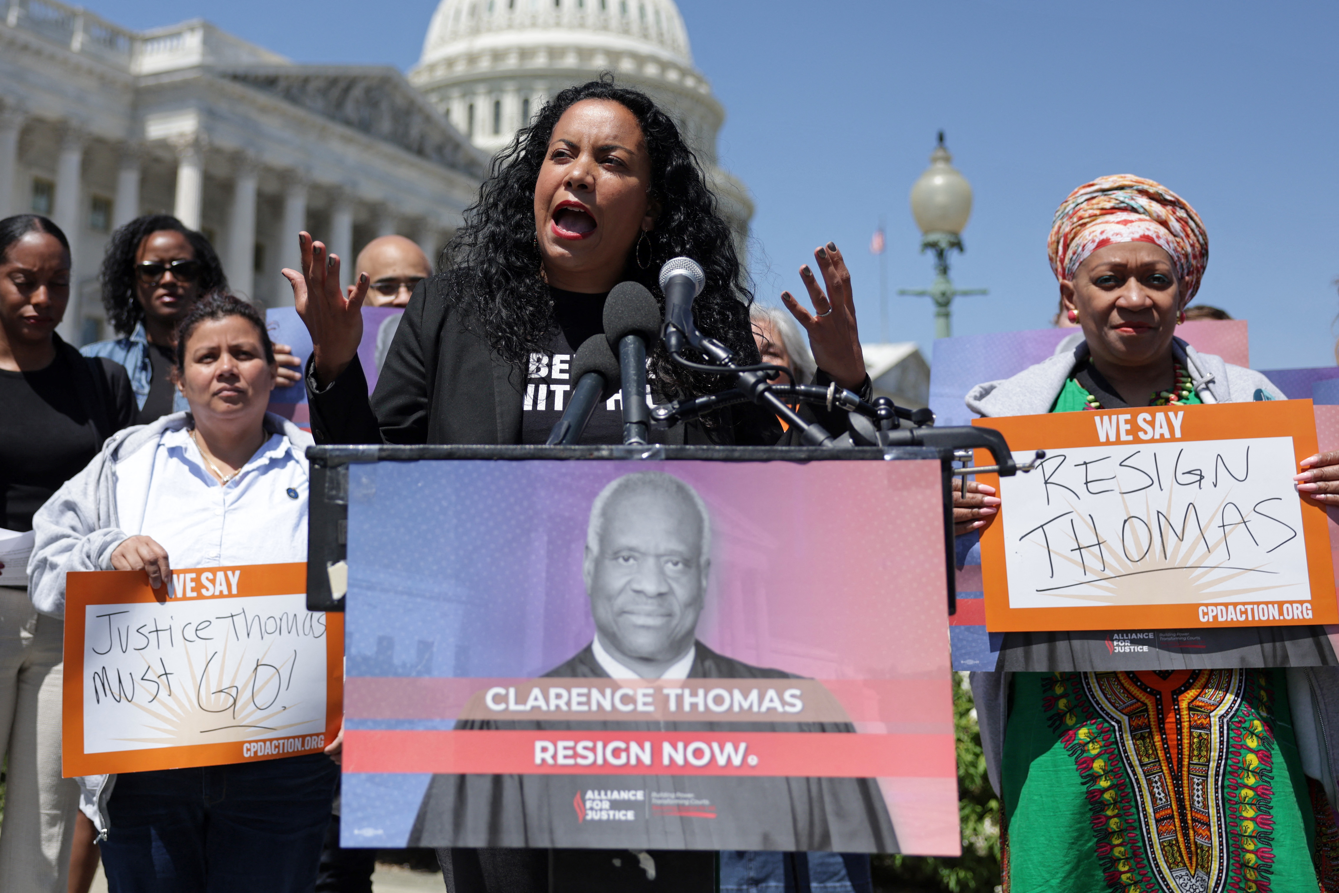 Analilia Mejia, Co-Executive Director of Center for Popular Democracy, speaks during a news conference outside the U.S. Capitol calling for immediate resignation of U.S. Supreme Court Associate Justice Clarence Thomas