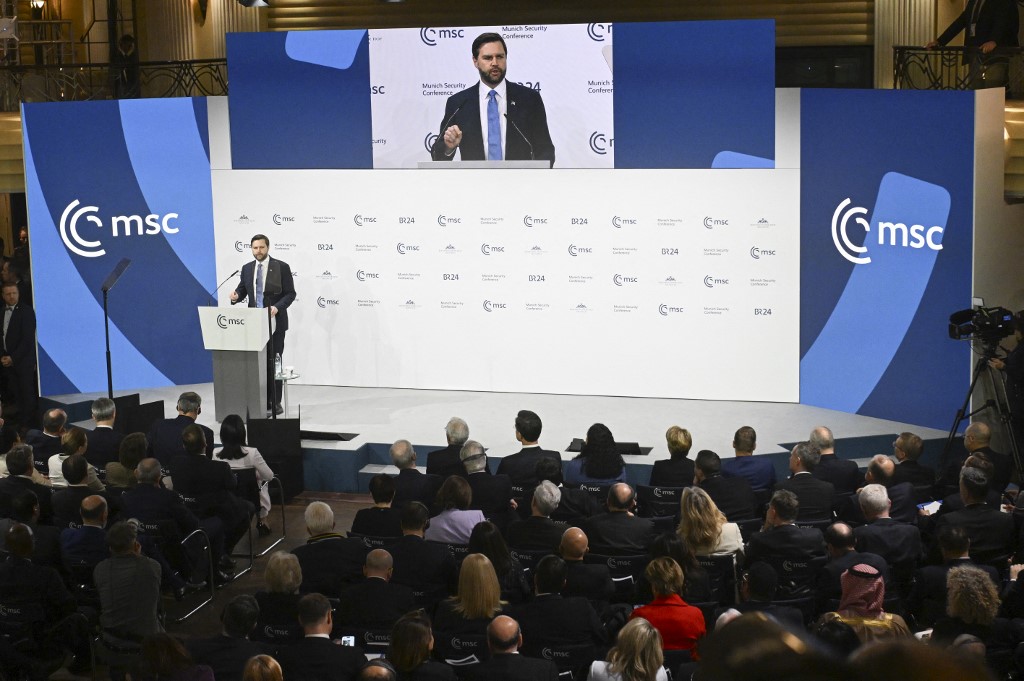 US Vice President JD Vance delivers his speech during the 61st Munich Security Conference (MSC) in Munich, southern Germany on February 14, 2025. (Photo by THOMAS KIENZLE / AFP)