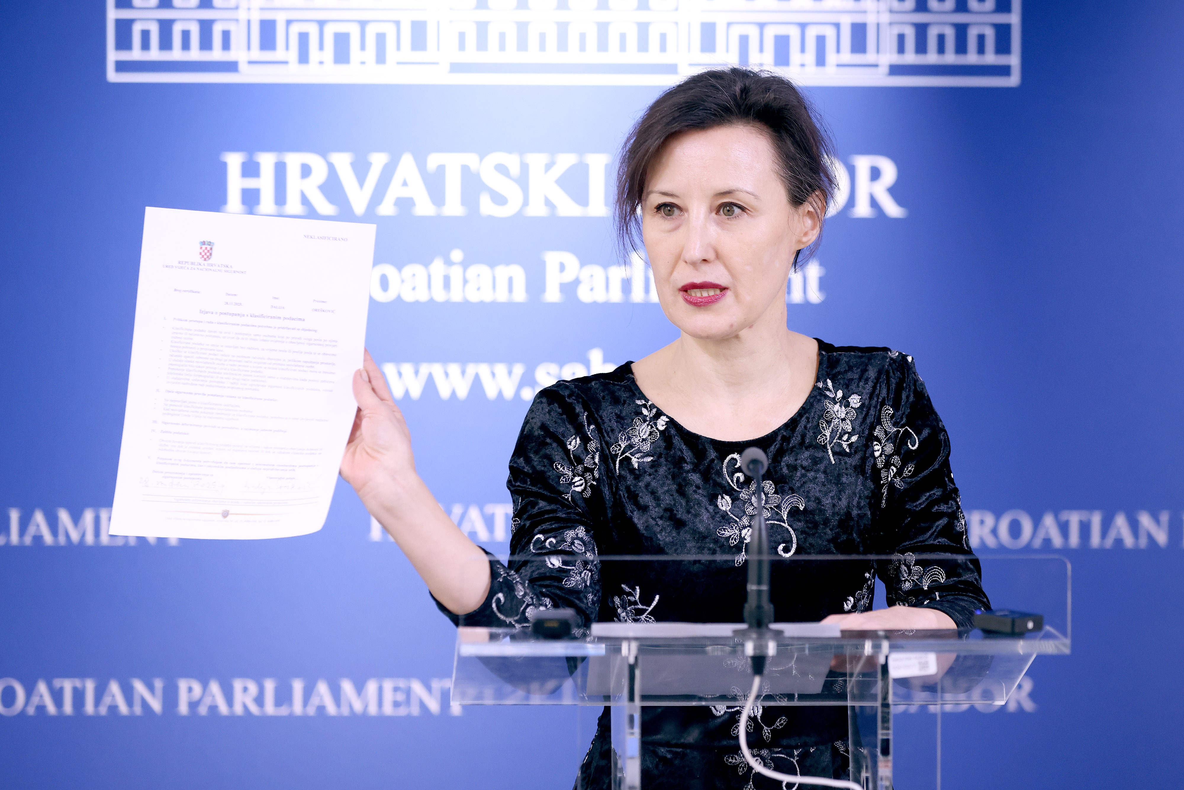 28.11.2025., Zagreb - Na konferenciji za medije odrzanoj u Saboru o uhicenju glavnog drzavnog inspektora i sjednici odbora za pravosudje govorila je  Dalija Oreskovic. Photo: Patrik Macek/PIXSELL