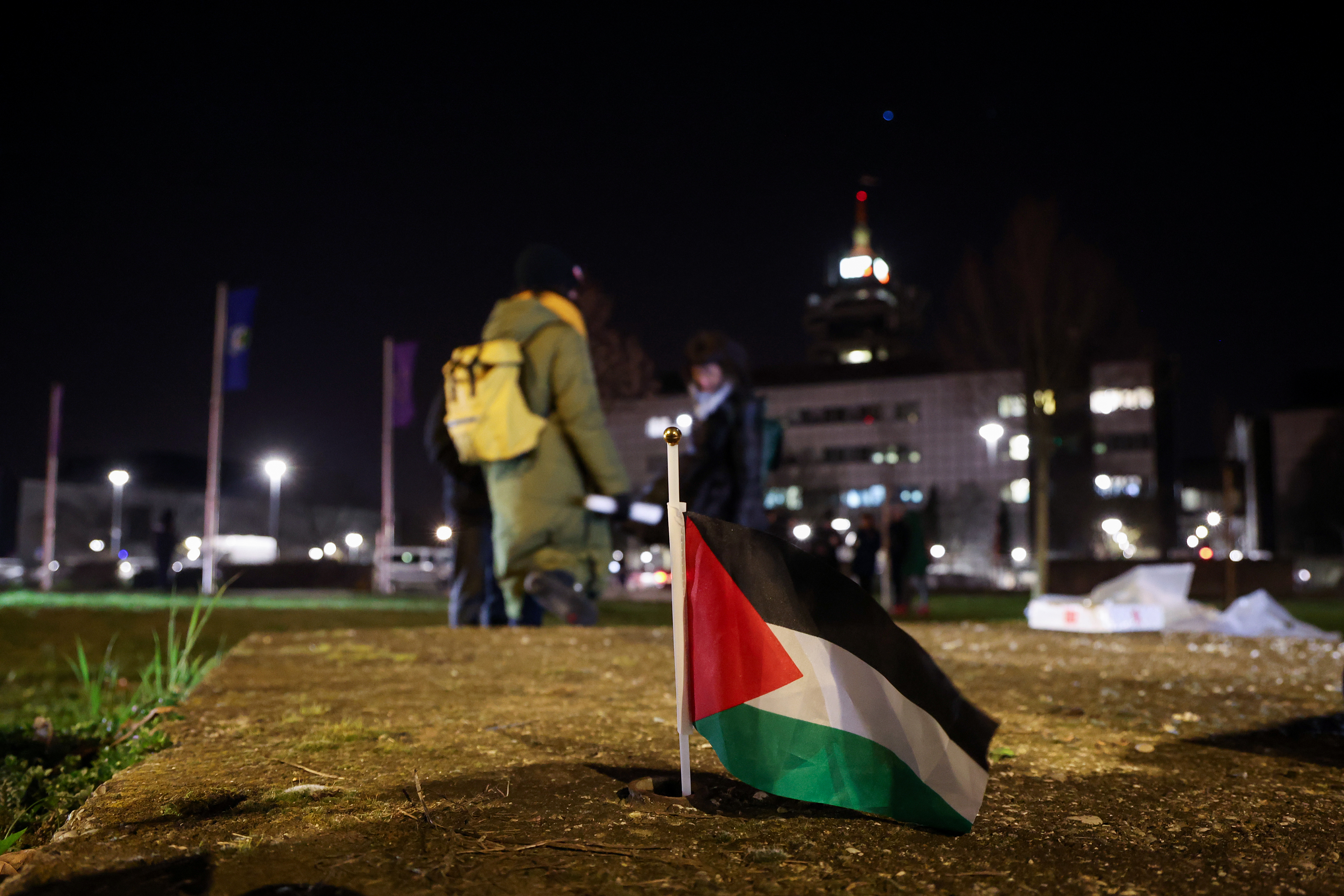 15.02.2026. Zagreb - Inicijativa za slobodnu Palestinu radi prosvjednu akciju kojom poziva na bojkot Eurovizije zbog sudjelovanja drzave Izrael. Photo: Matija Habljak/PIXSELL