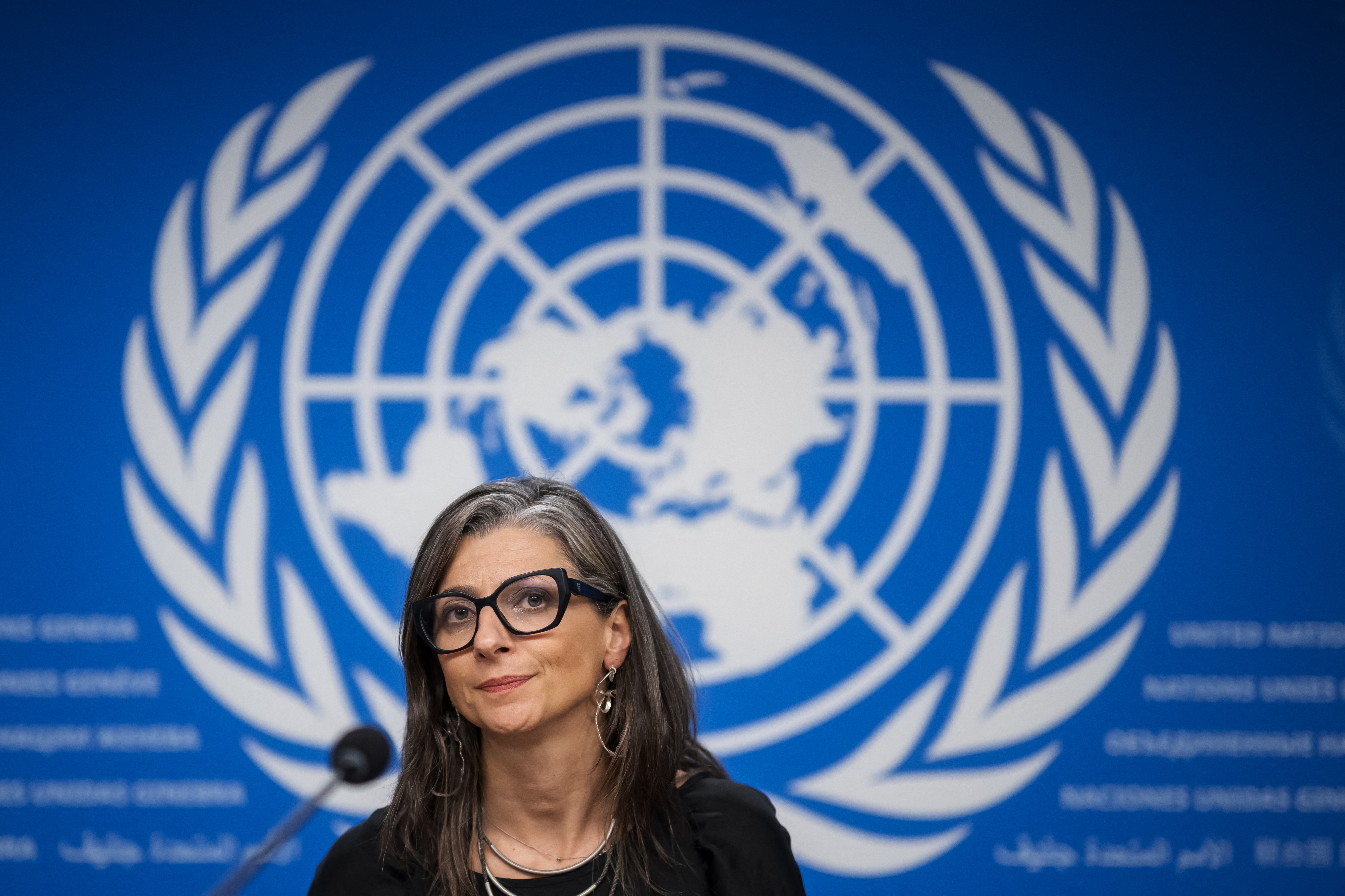 (FILES) United Nations (UN) Special Rapporteur on the occupied Palestinian territories Francesca Albanese looks on at the end of a press conference on the human rights situation in Gaza in Geneva on September 15, 2025.