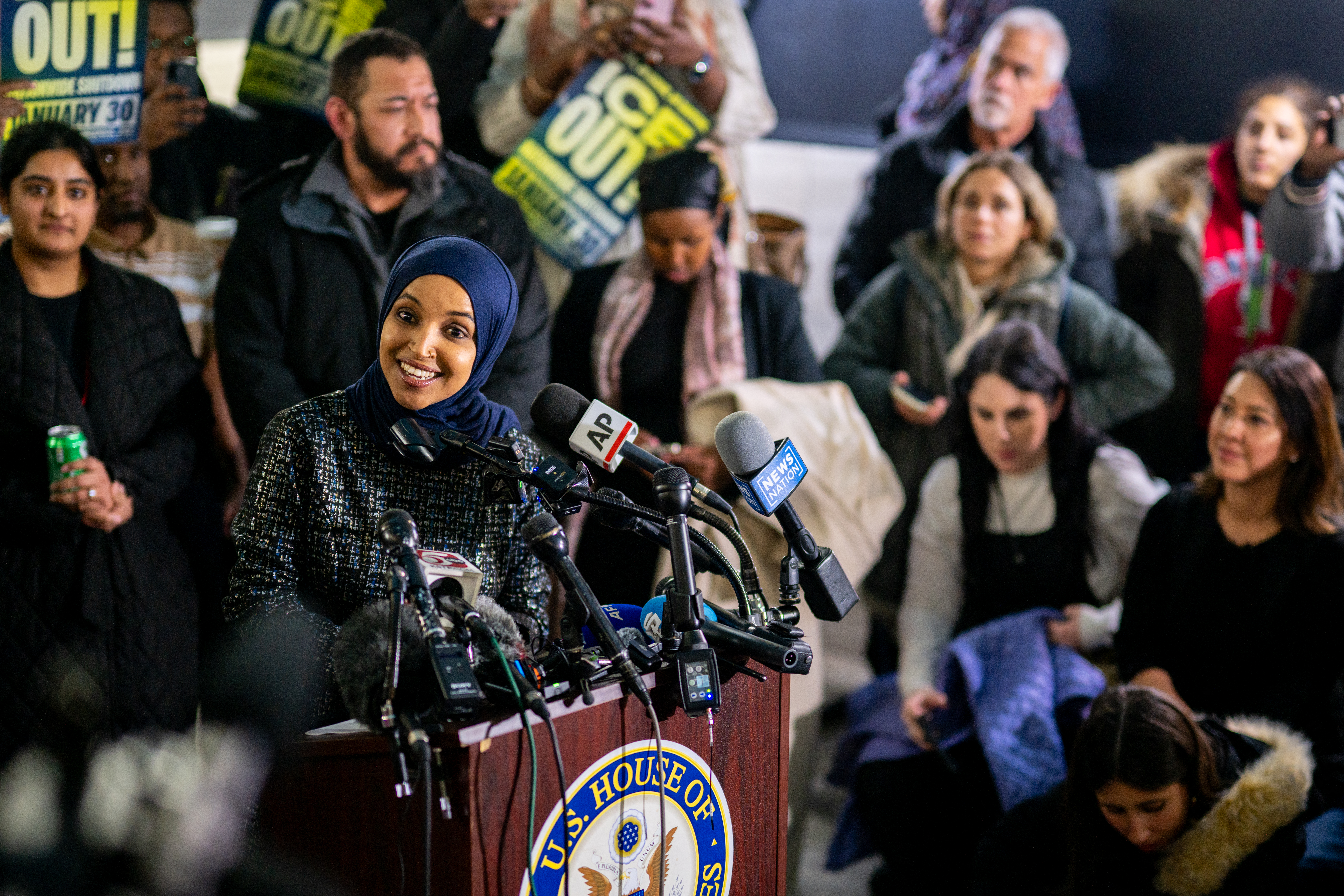 Rep. Ilhan Omar (D-MN) speaks during a press conference at the Karmel Mall on January 28, 2026 in Minneapolis, Minnesota