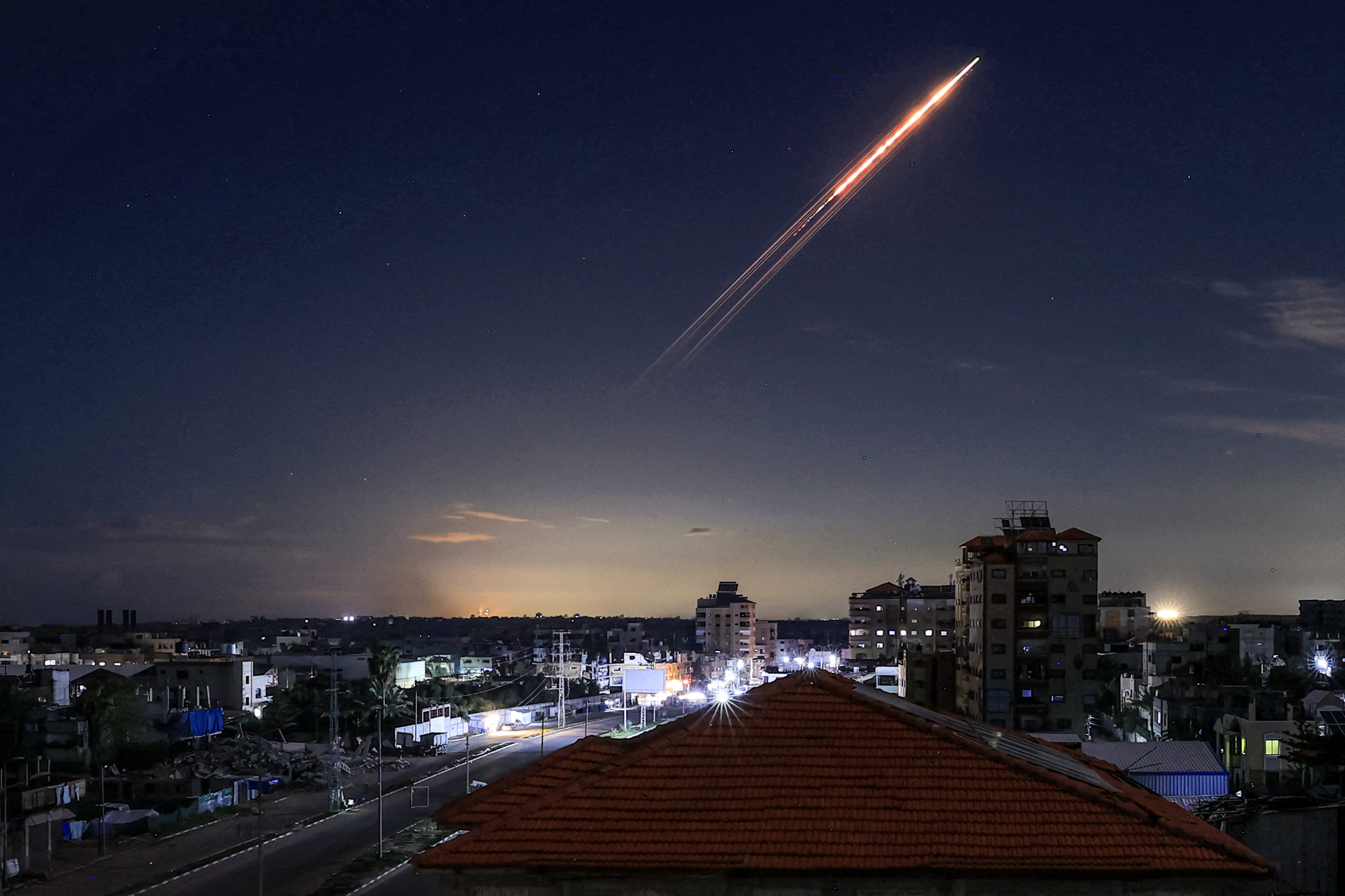 A missile launched from Iran is pictured in the sky from the Bureij camp for Palestinian refugees in the central Gaza Strip on March 1, 2026.